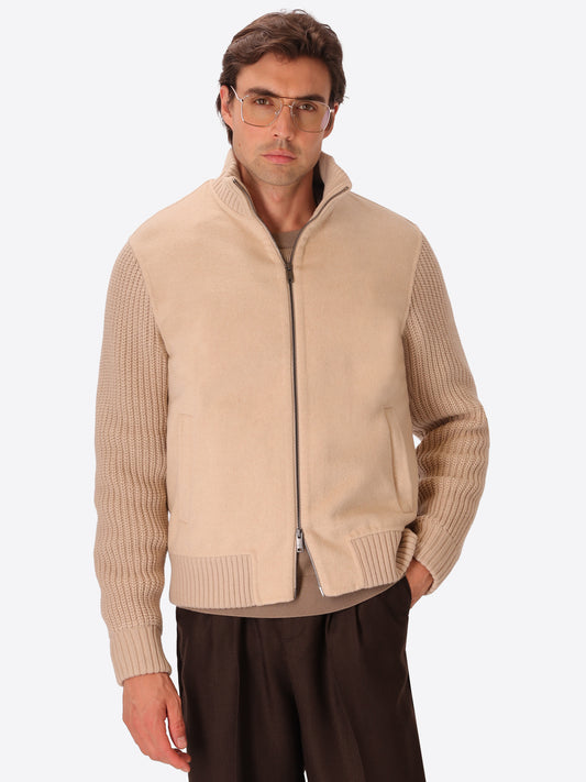 Essex Butter Double-Faced Wool-Blend With Knit Sleeves Bomber Jacket With Detachable Bib - Model Front View
