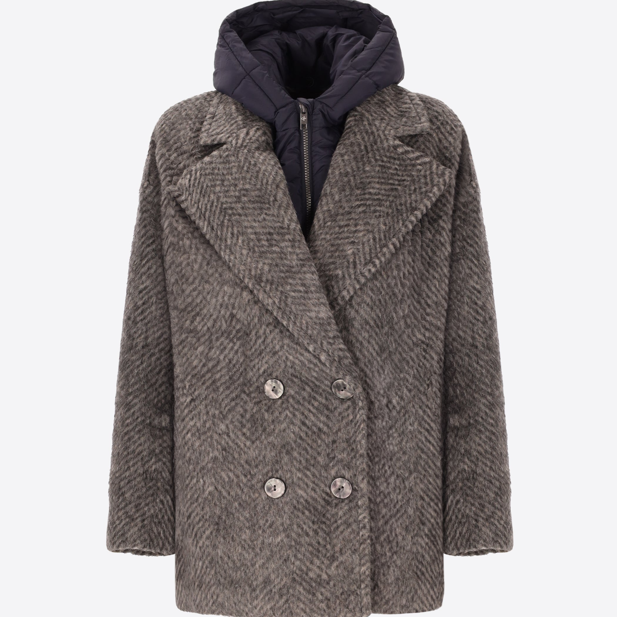 Peacoat in Herringbone Jacquard Wool-Mohair Blend Caldy with Detachable Hood - Woman