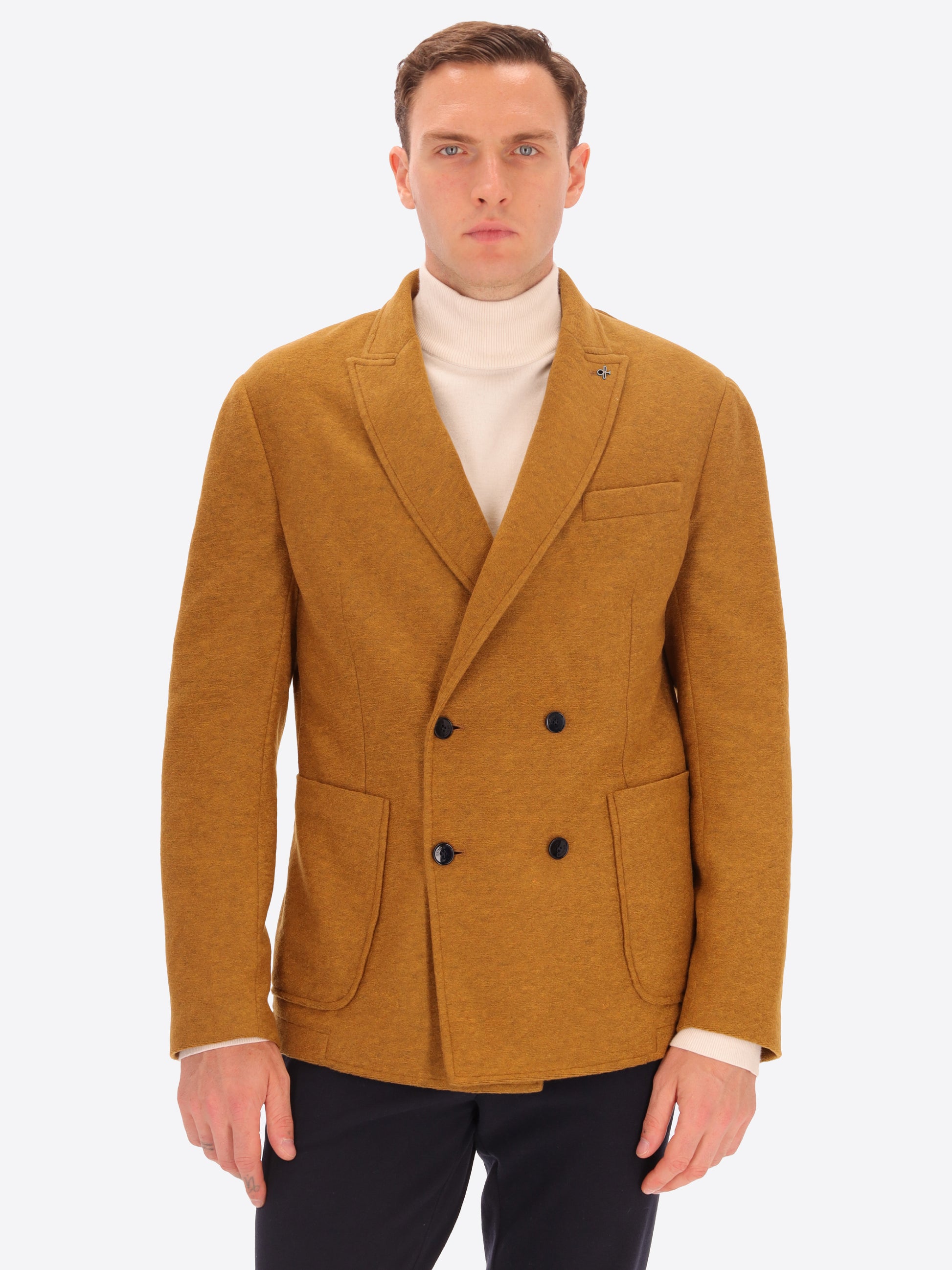 Solid And Melange Wool Blend Double Breasted Jacket Isaia