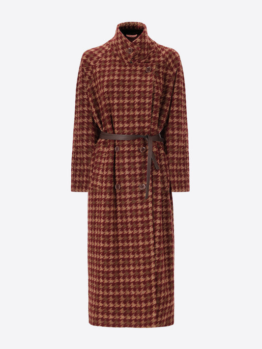 Pied de Poule Pattern Overcoat in Needlefelt Wool Fabric Cardiff - Woman