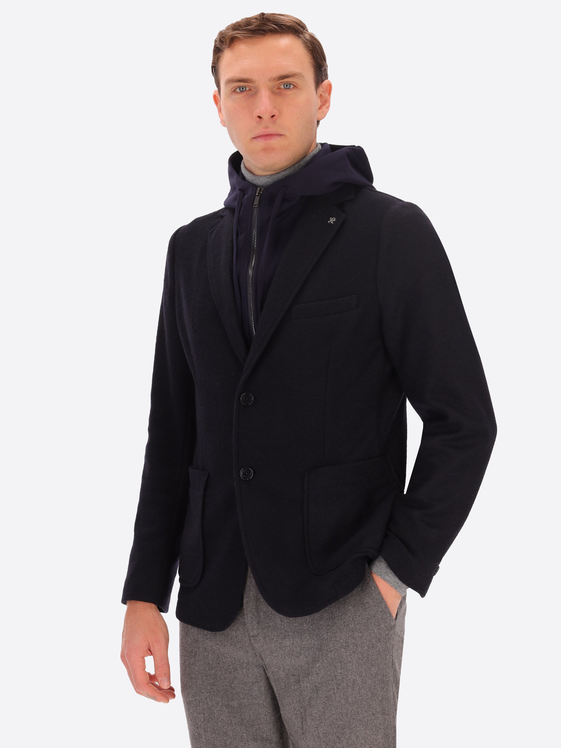 Giacca Isaia In Misto Lana Tinta Unita E Melange Con Cappuccio Staccabile