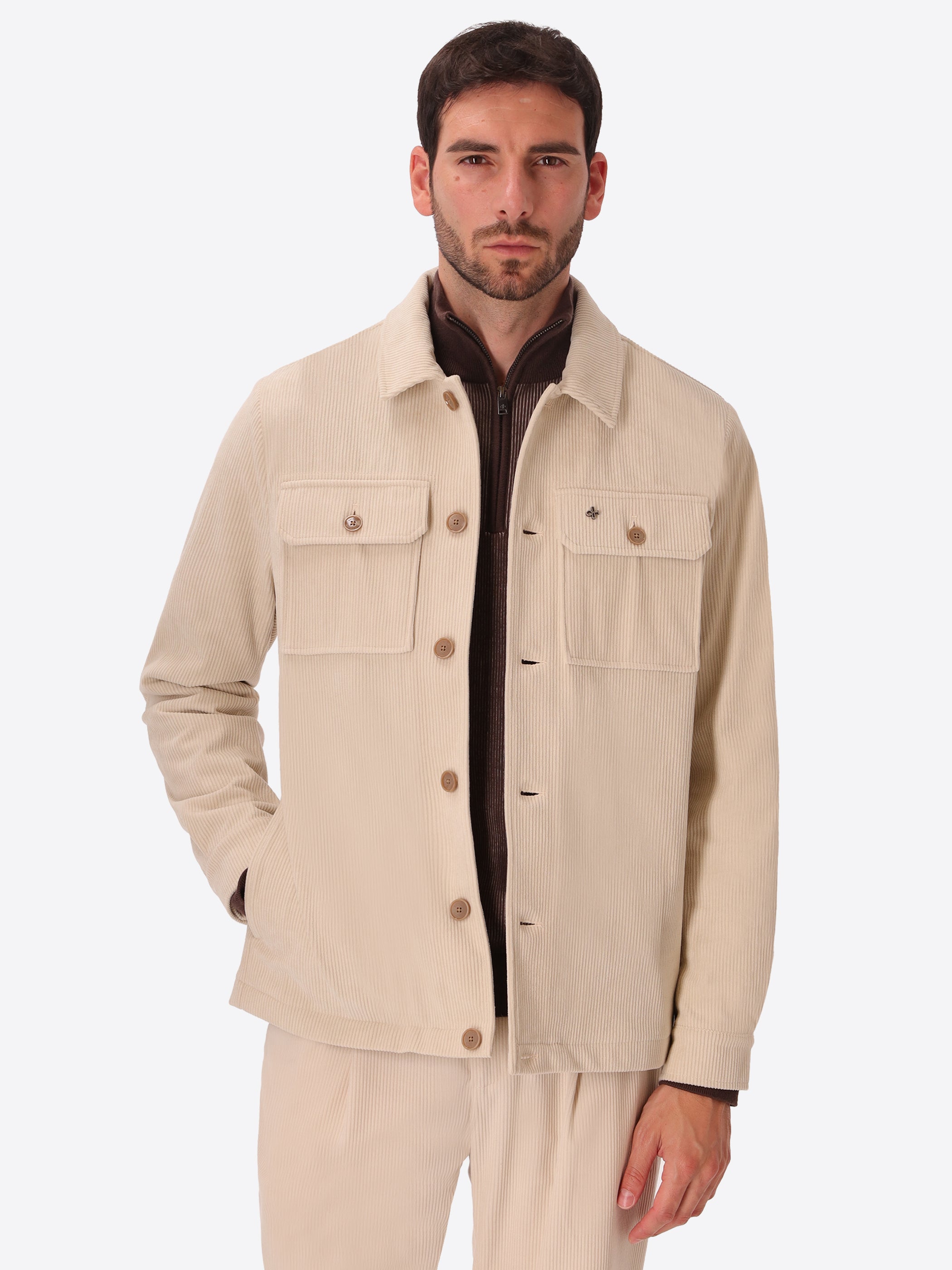 Leonardo Off White 1000-Stripe Super-Comfort Velvet Shirt Jacket - Model Front View