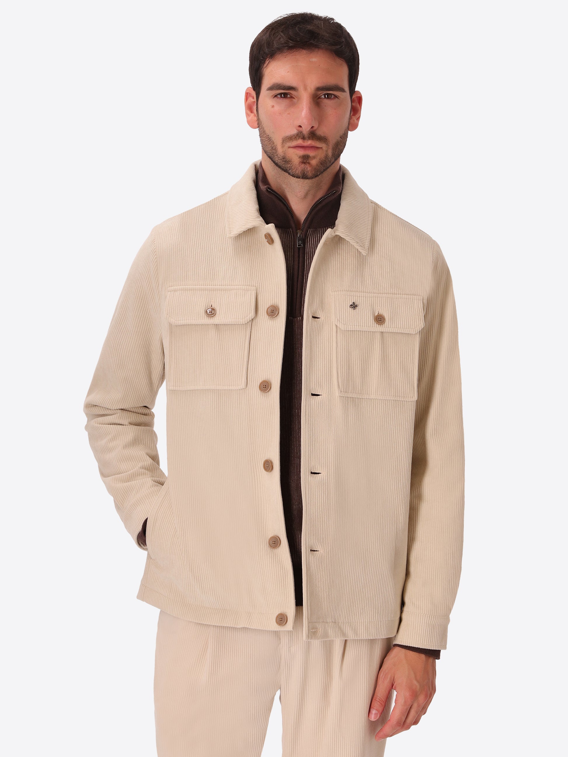 Leonardo Off White 1000-Stripe Super-Comfort Velvet Shirt Jacket - Model Front View