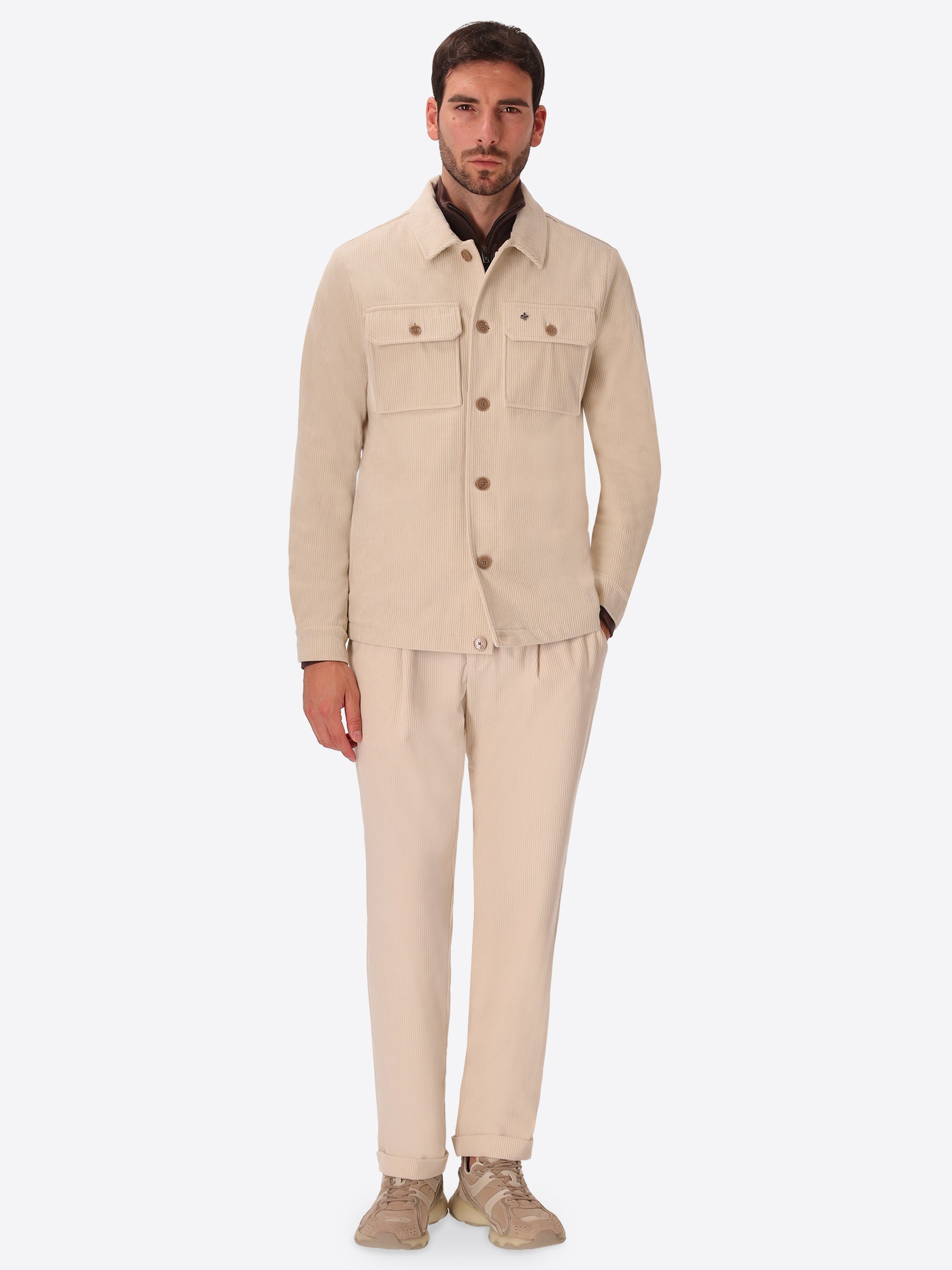 Leonardo Off White 1000-Stripe Super-Comfort Velvet Shirt Jacket - Model Full Body Shot