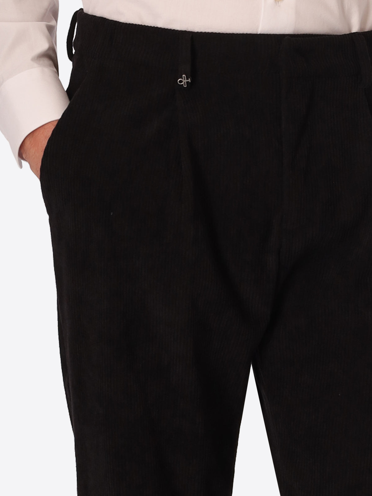 Rio Pences Leonardo Black 1000-Stripe Super-Comfort Velvet Trousers - Close-Up Of The Front Pocket