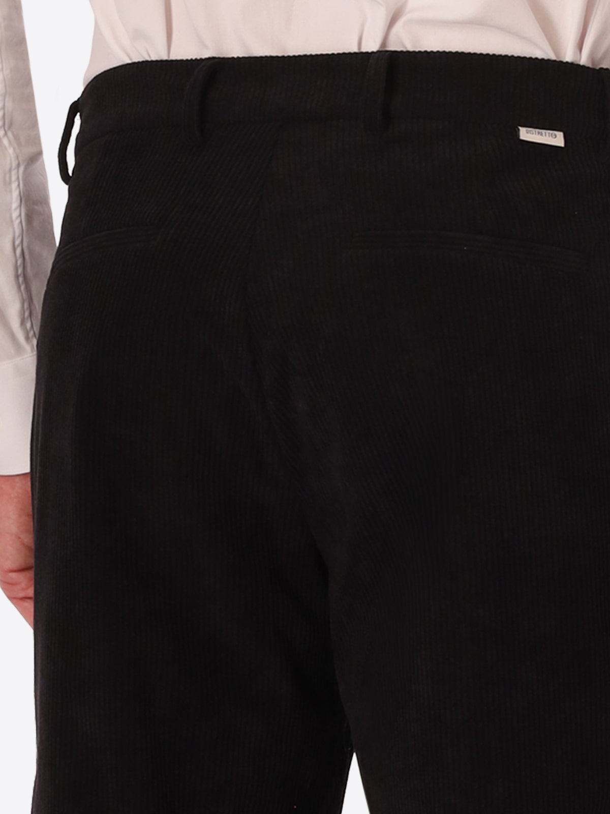 Rio Pences Leonardo Black 1000-Stripe Super-Comfort Velvet Trousers - Close-Up Of The Back Pocket