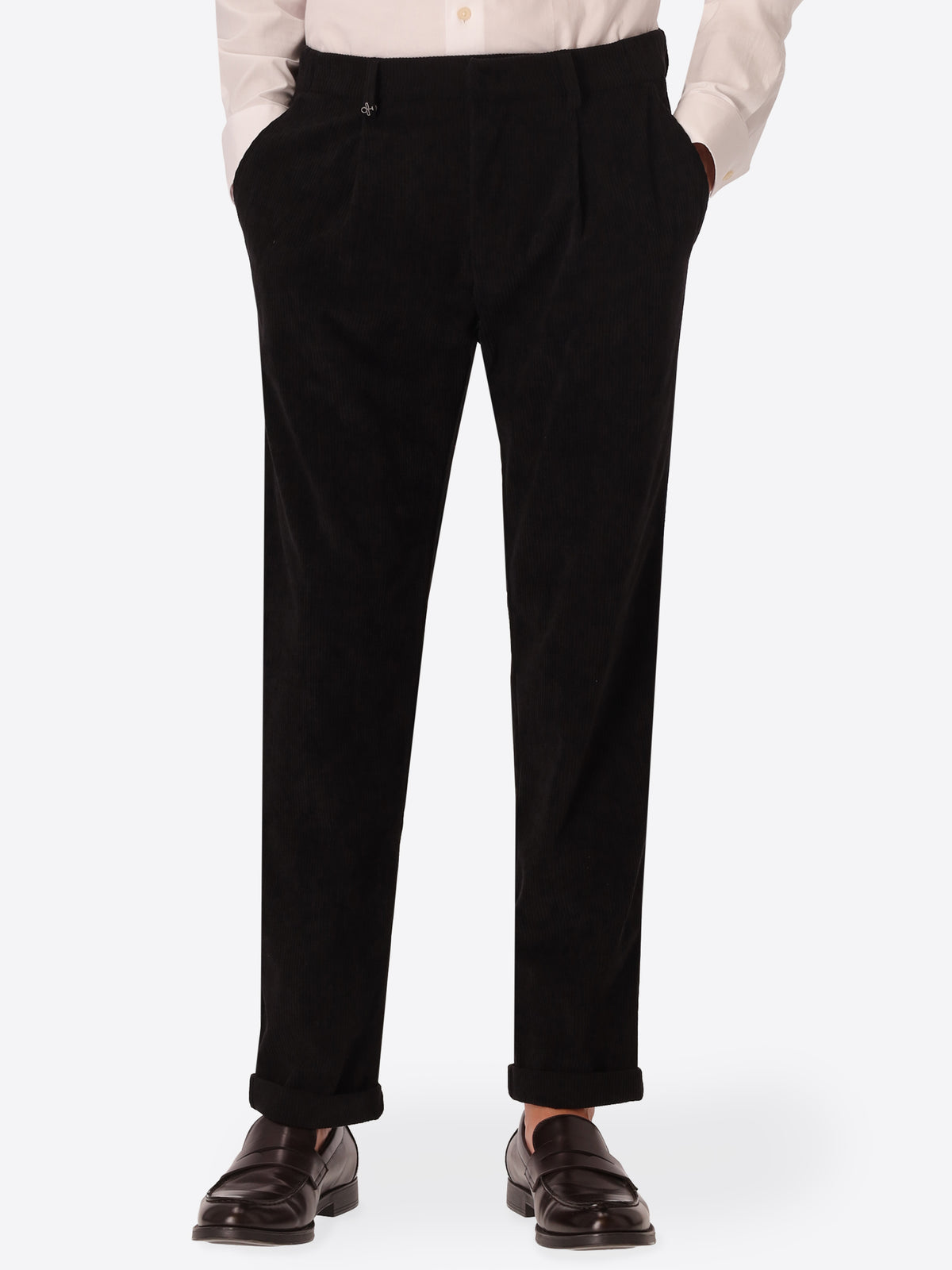 Rio Pences Leonardo Black 1000-Stripe Super-Comfort Velvet Trousers - Model Front View