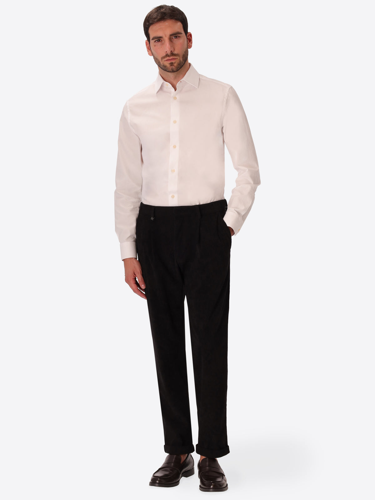 Rio Pences Leonardo Black 1000-Stripe Super-Comfort Velvet Trousers - Model Full Body Shot