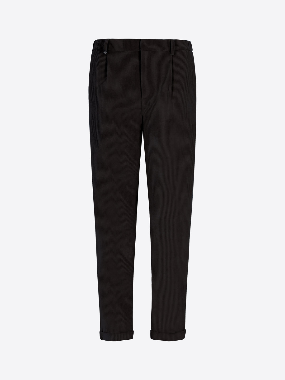 Distretto12 Rio Pences Leonardo Black 1000-Stripe Super-Comfort Velvet Trousers - Product Still Life