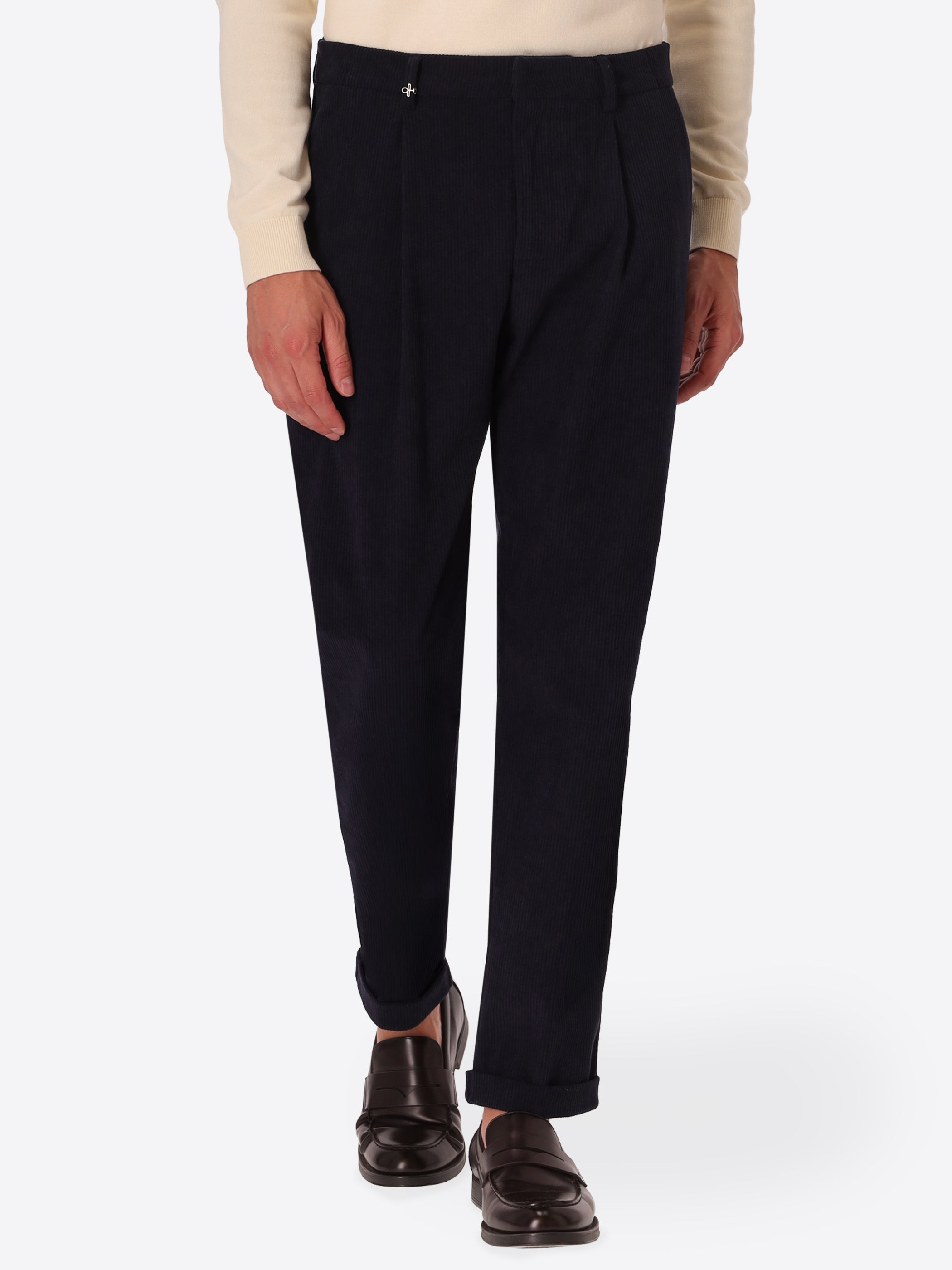 Rio Pences Leonardo Blue 1000-Stripe Super-Comfort Velvet Trousers - Model Front View