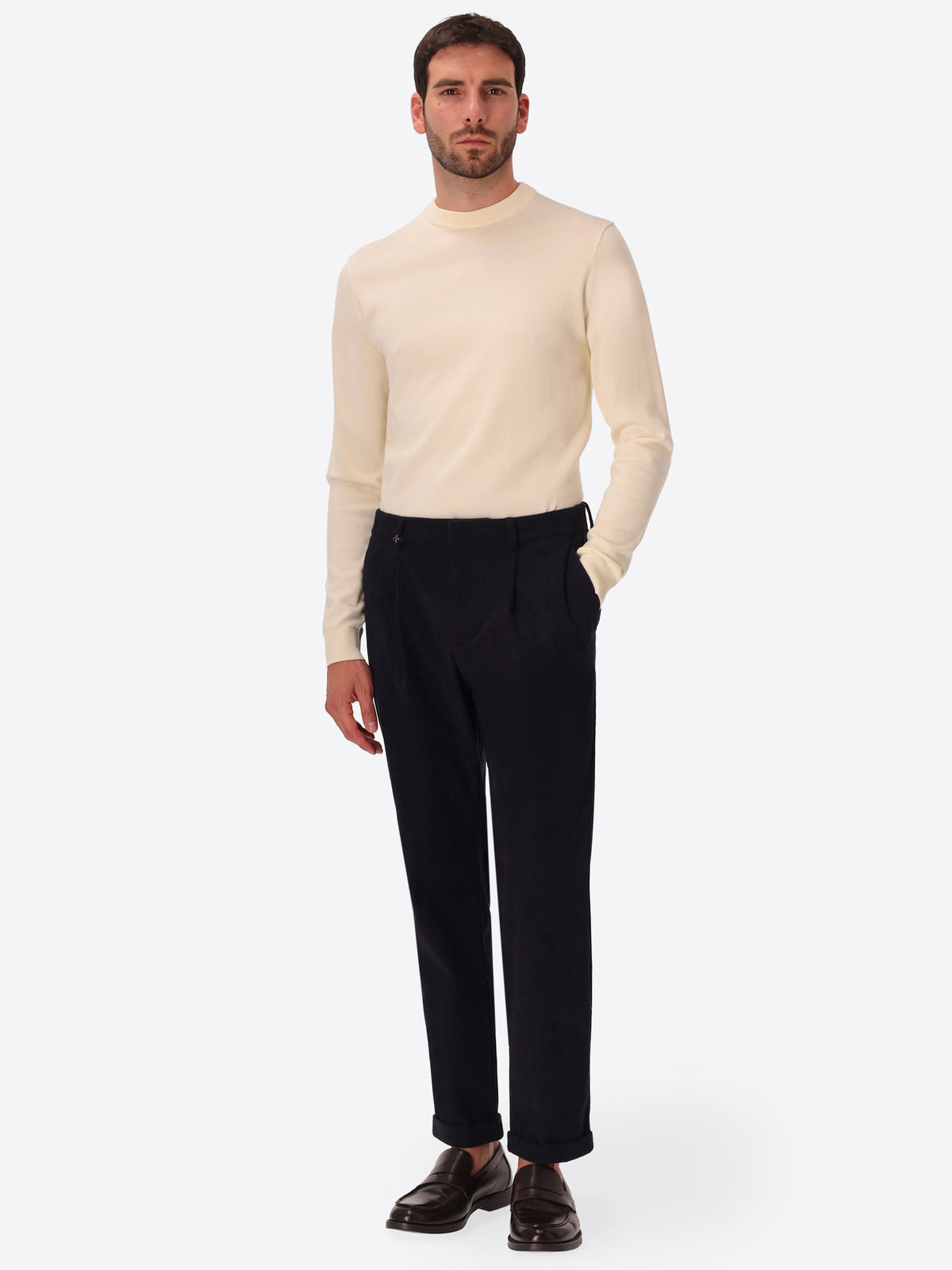 Rio Pences Leonardo Blue 1000-Stripe Super-Comfort Velvet Trousers - Model Full Body Shot