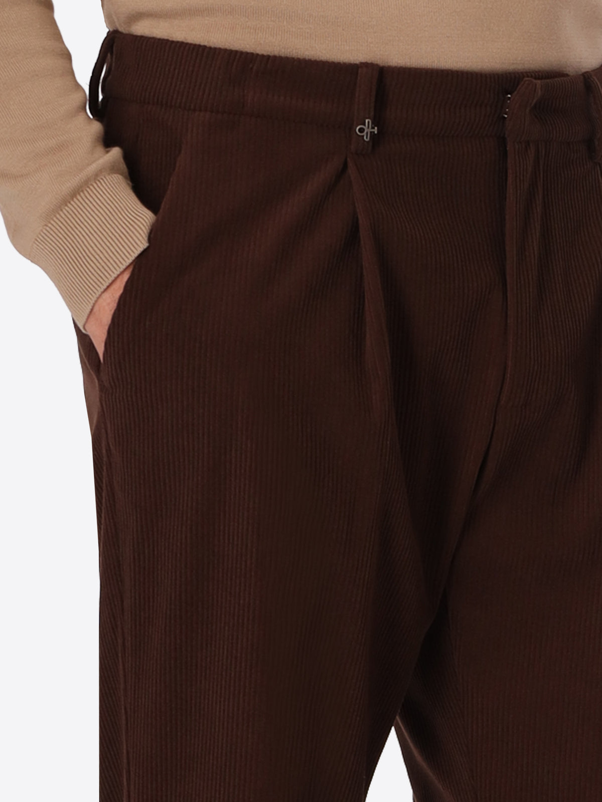 Rio Pences Leonardo Brown 1000-Stripe Super-Comfort Velvet Trousers - Close-Up Of The Front Pocket