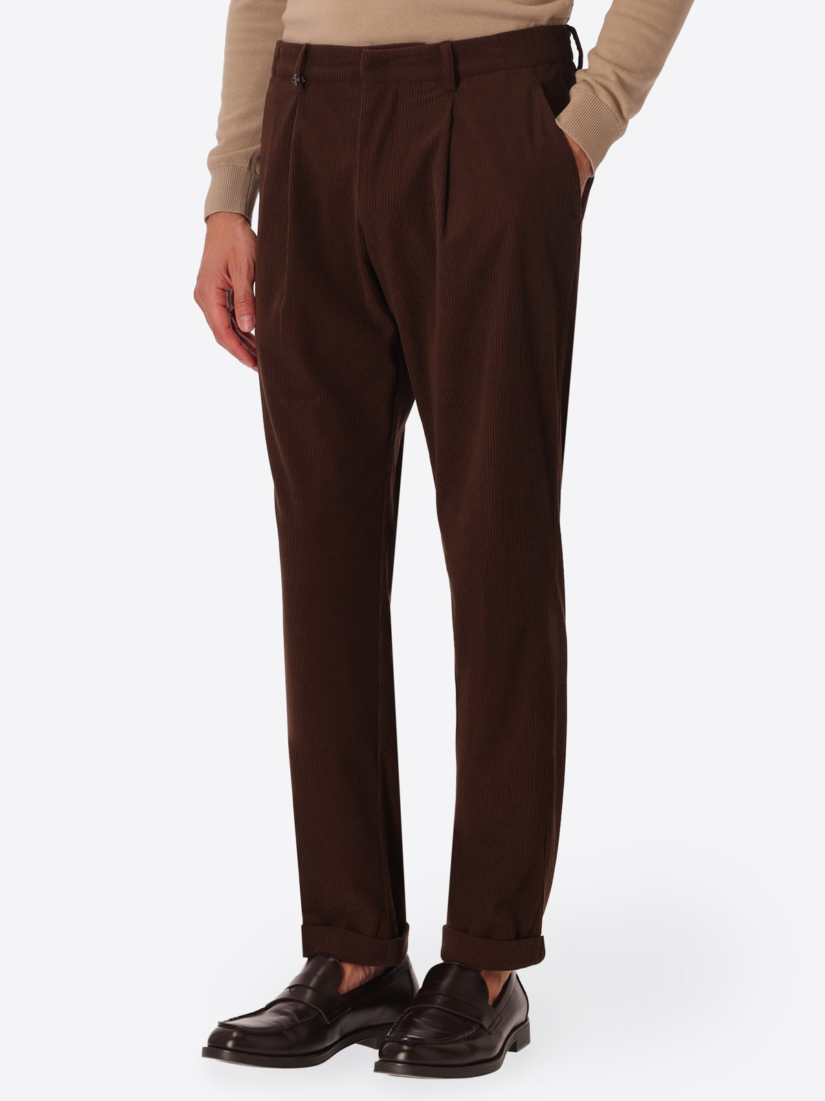 Rio Pences Leonardo Brown 1000-Stripe Super-Comfort Velvet Trousers - Model Front View