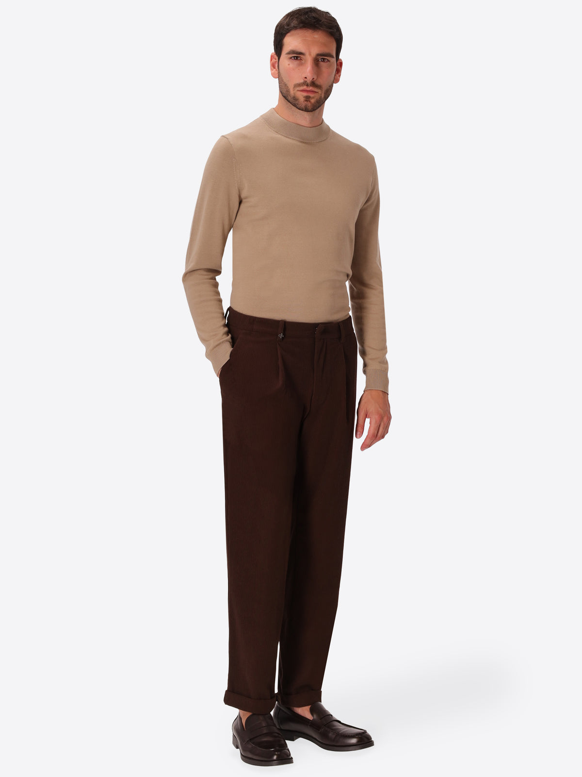Rio Pences Leonardo Brown 1000-Stripe Super-Comfort Velvet Trousers - Model Full Body Shot
