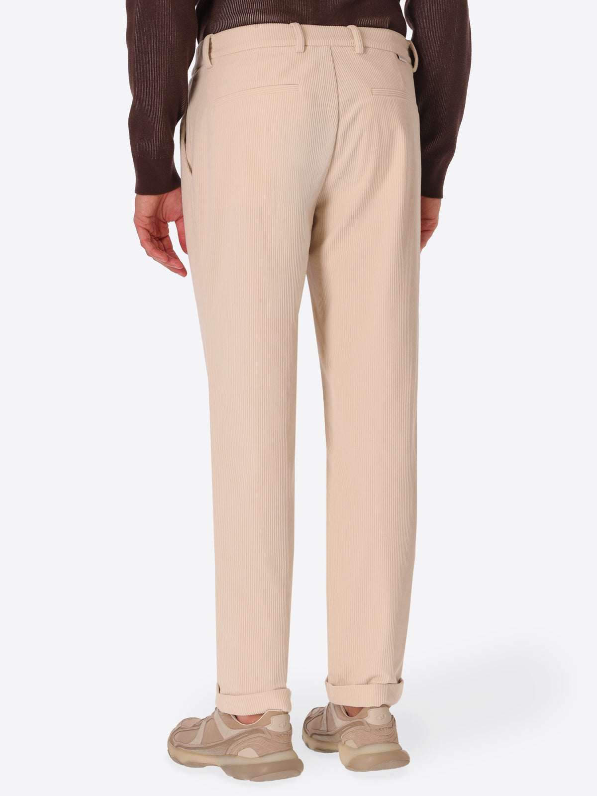 Rio Pences Leonardo Off White 1000-Stripe Super-Comfort Velvet Trousers - Model Back View