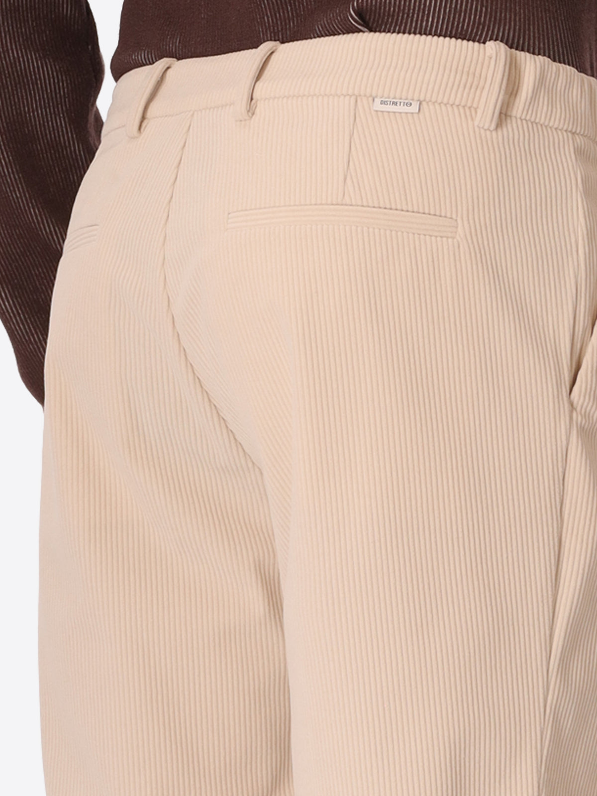 Rio Pences Leonardo Off White 1000-Stripe Super-Comfort Velvet Trousers - Close-Up Of The Back Pocket