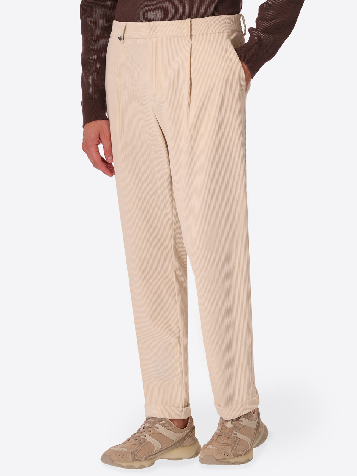 Rio Pences Leonardo Off White 1000-Stripe Super-Comfort Velvet Trousers - Model Front View