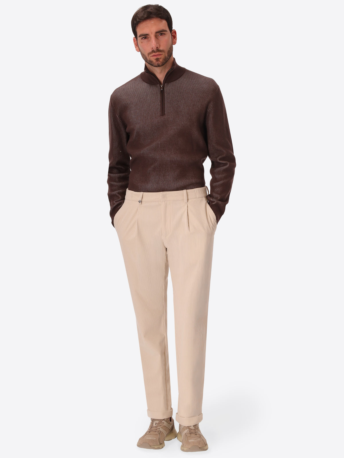 Rio Pences Leonardo Off White 1000-Stripe Super-Comfort Velvet Trousers - Model Full Body Shot