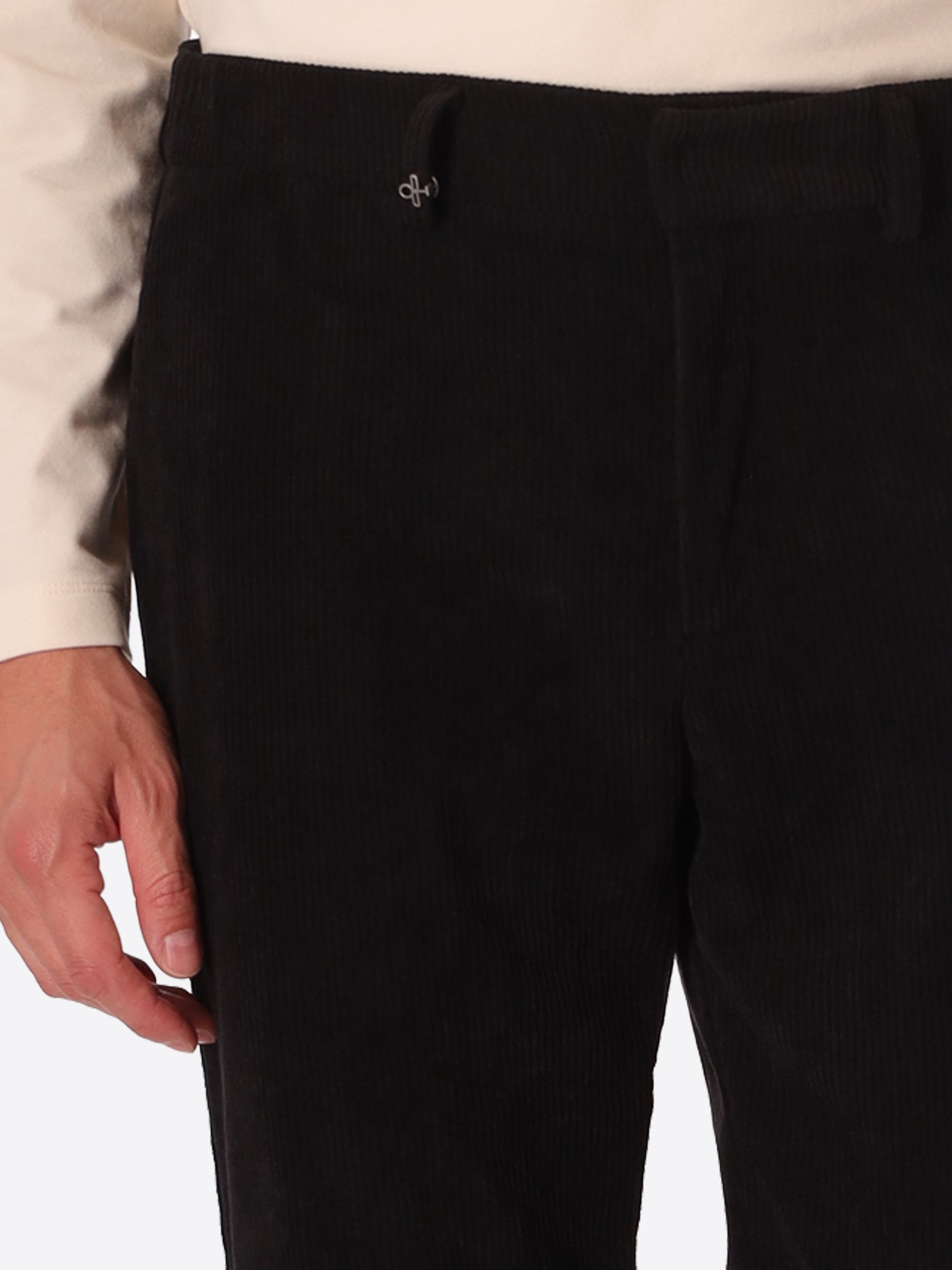 York Leonardo Black 1000-Stripe Super-Comfort Velvet Trousers - Close-Up Of The Front Pocket