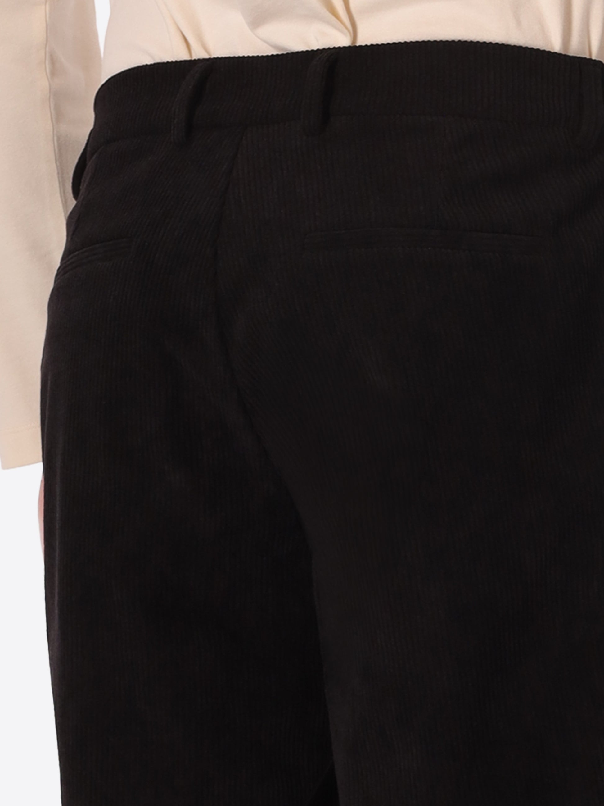 York Leonardo Black 1000-Stripe Super-Comfort Velvet Trousers - Close-Up Of The Back Pocket
