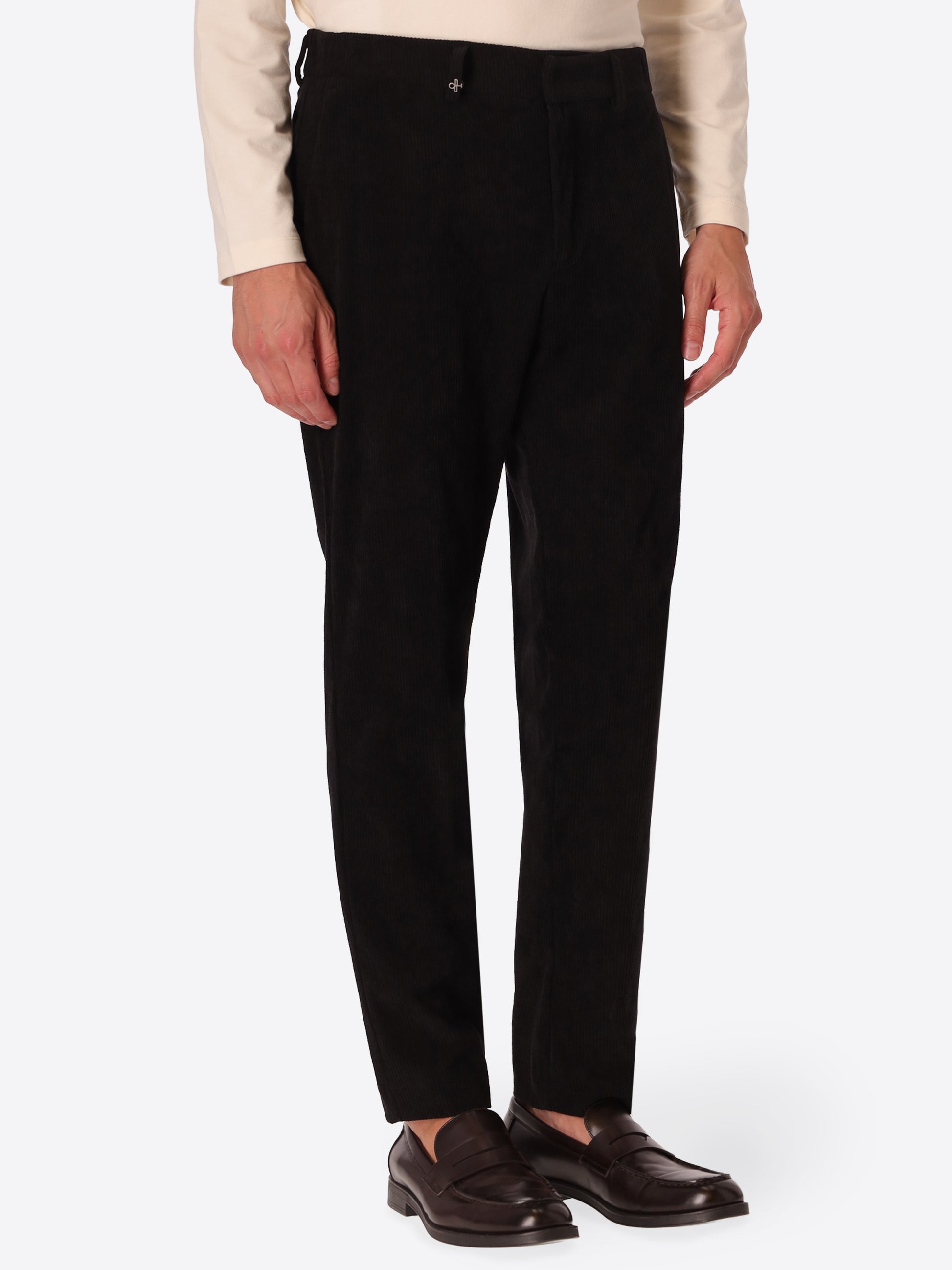 York Leonardo Black 1000-Stripe Super-Comfort Velvet Trousers - Model Front View