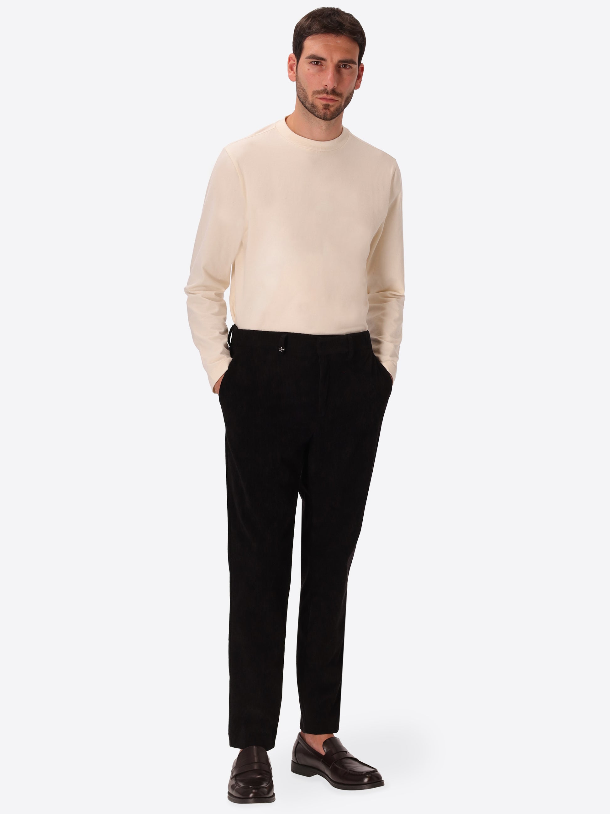 York Leonardo Black 1000-Stripe Super-Comfort Velvet Trousers - Model Full Body Shot