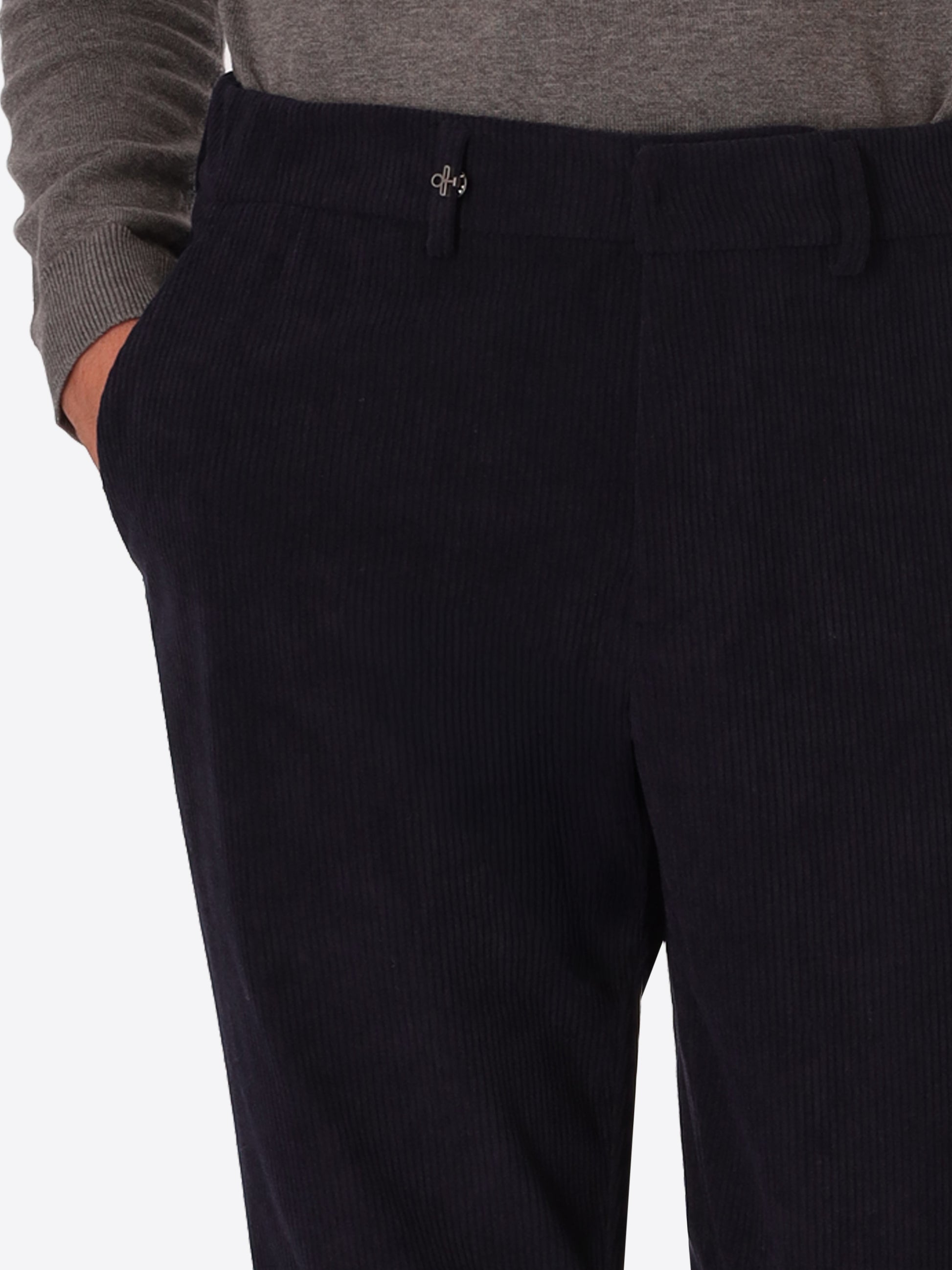York Leonardo Blue 1000-Stripe Super-Comfort Velvet Trousers - Close-Up Of The Front Pocket