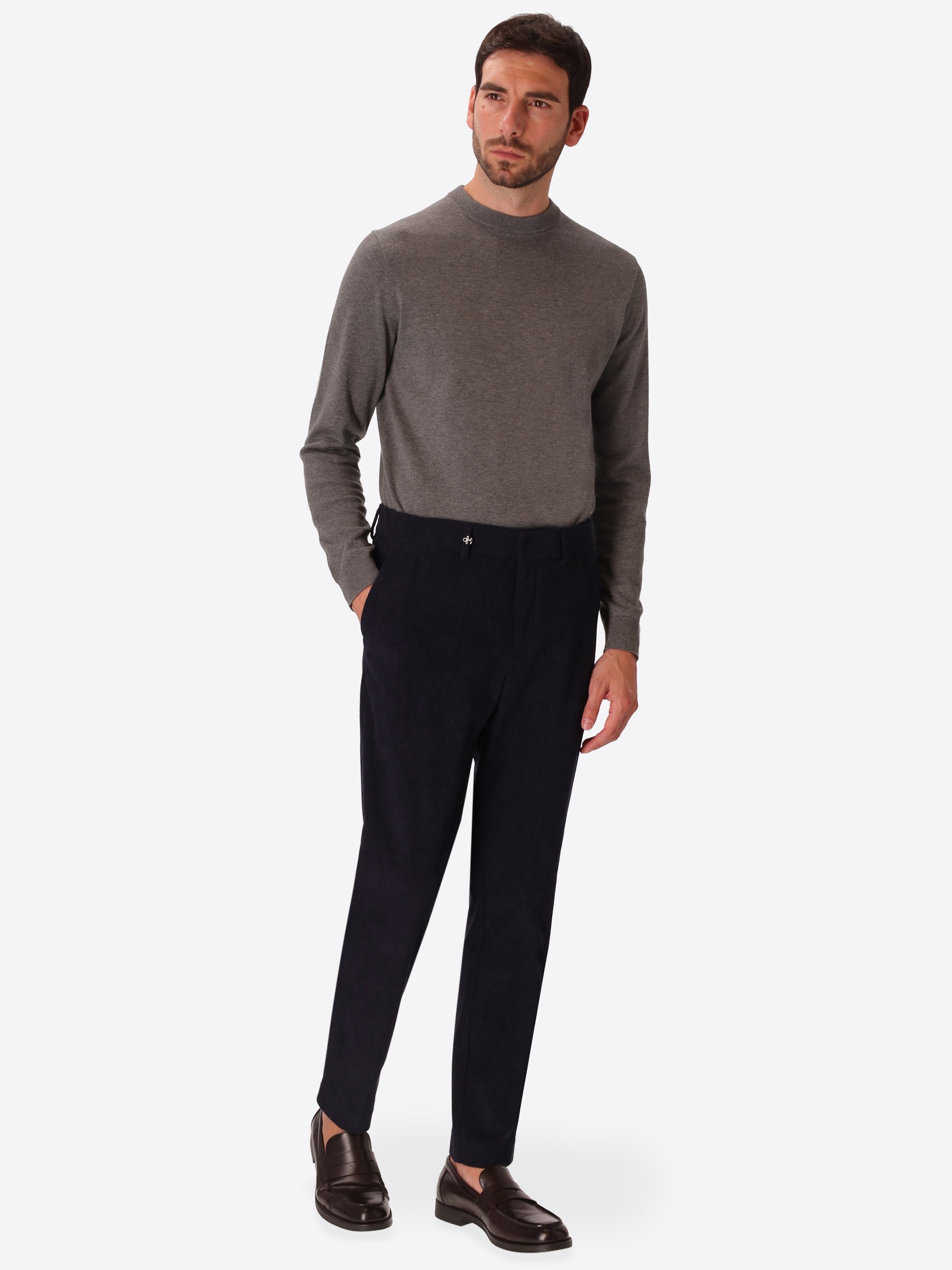 York Leonardo Blue 1000-Stripe Super-Comfort Velvet Trousers - Model Full Body Shot