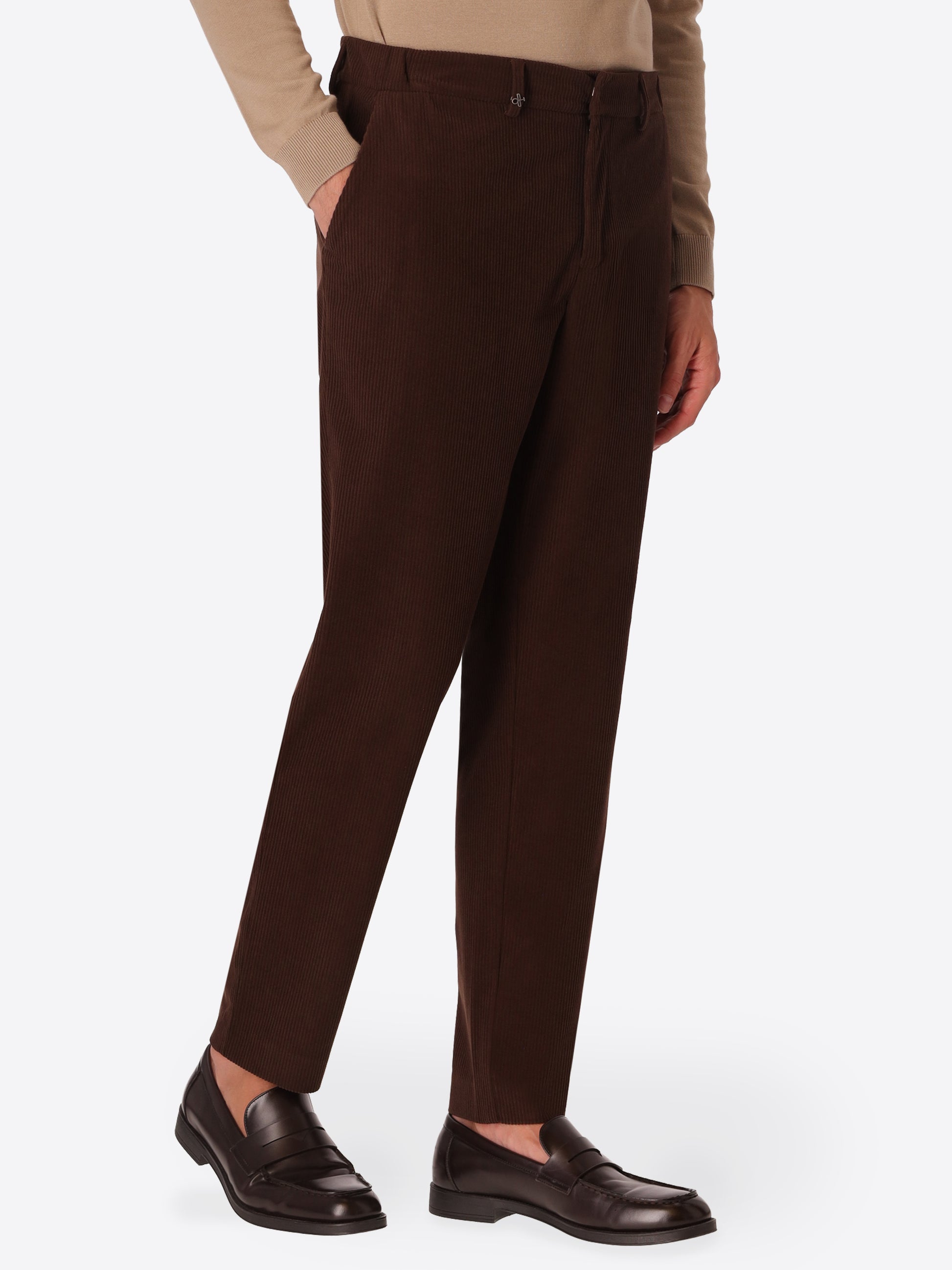 York Leonardo Brown 1000-Stripe Super-Comfort Velvet Trousers - Model Front View