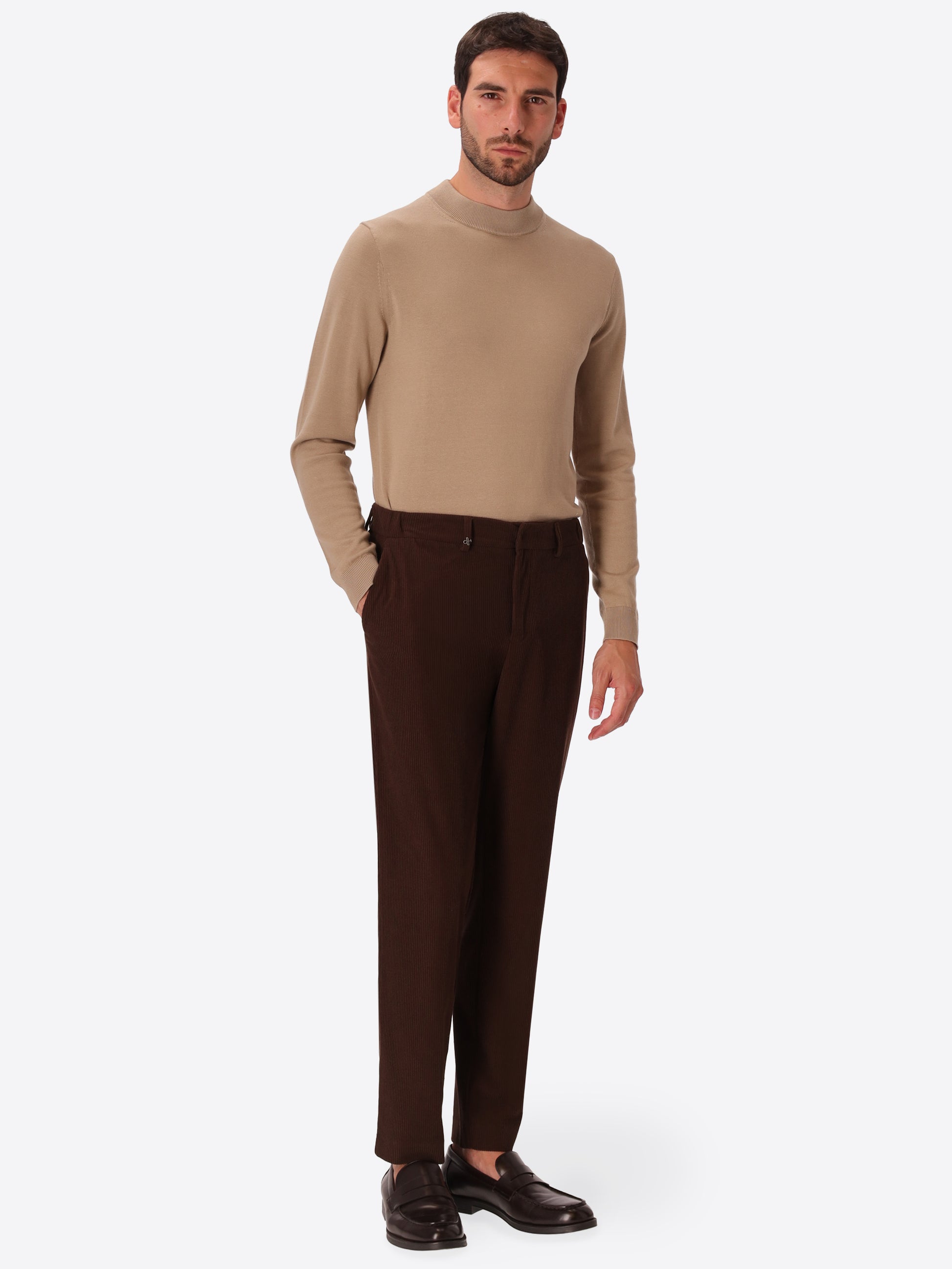 York Leonardo Brown 1000-Stripe Super-Comfort Velvet Trousers - Model Full Body Shot