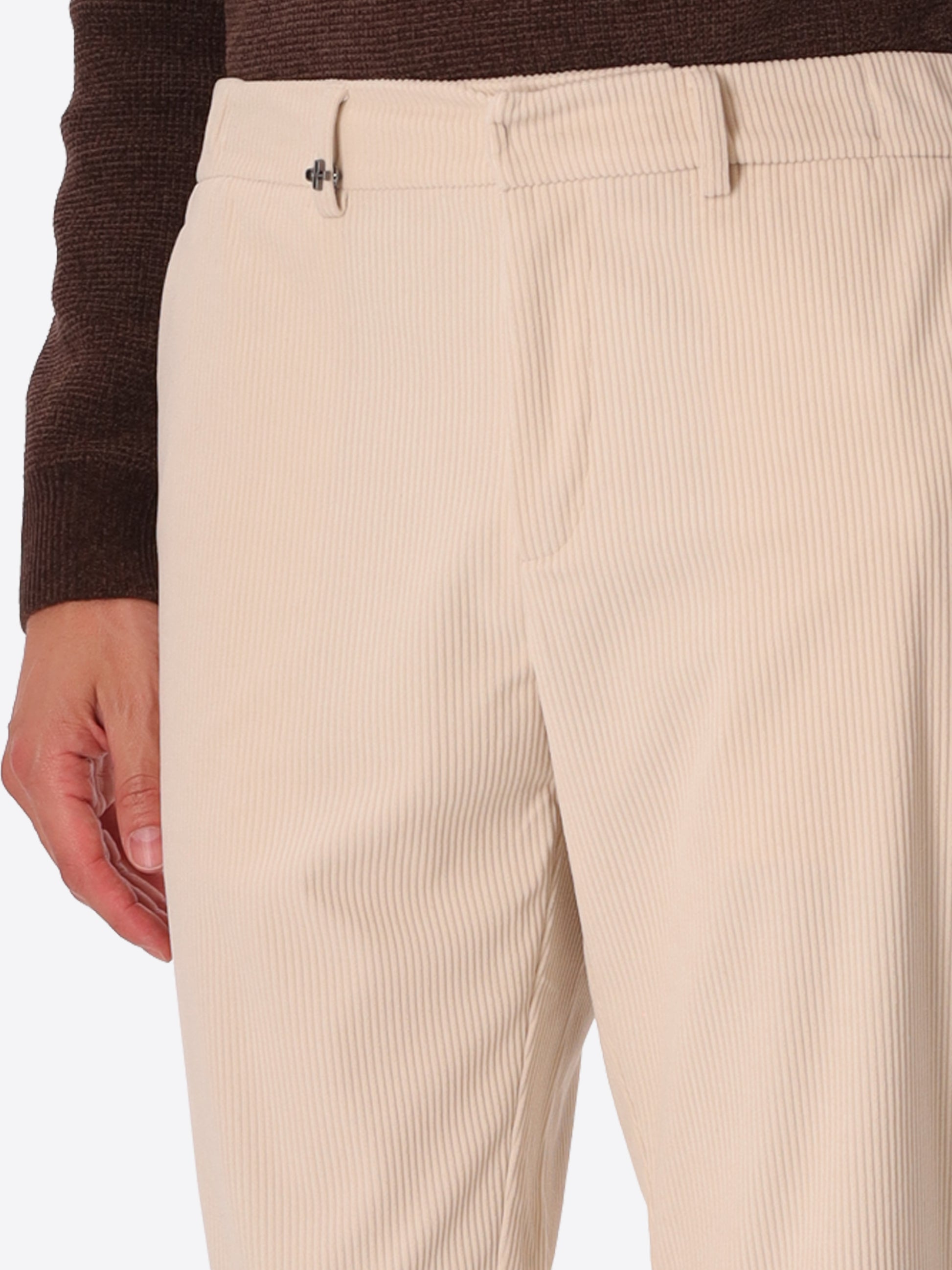 York Leonardo Off White 1000-Stripe Super-Comfort Velvet Trousers - Close-Up Of The Front Pocket
