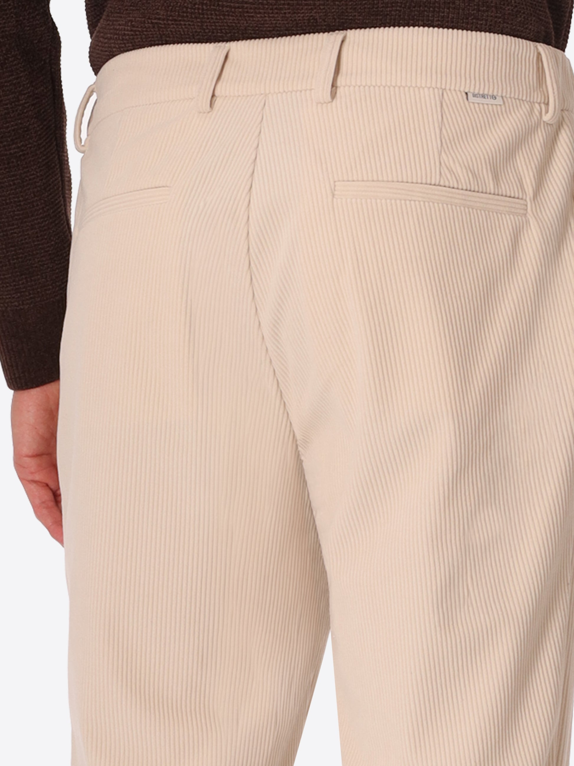 York Leonardo Off White 1000-Stripe Super-Comfort Velvet Trousers - Close-Up Of The Back Pocket