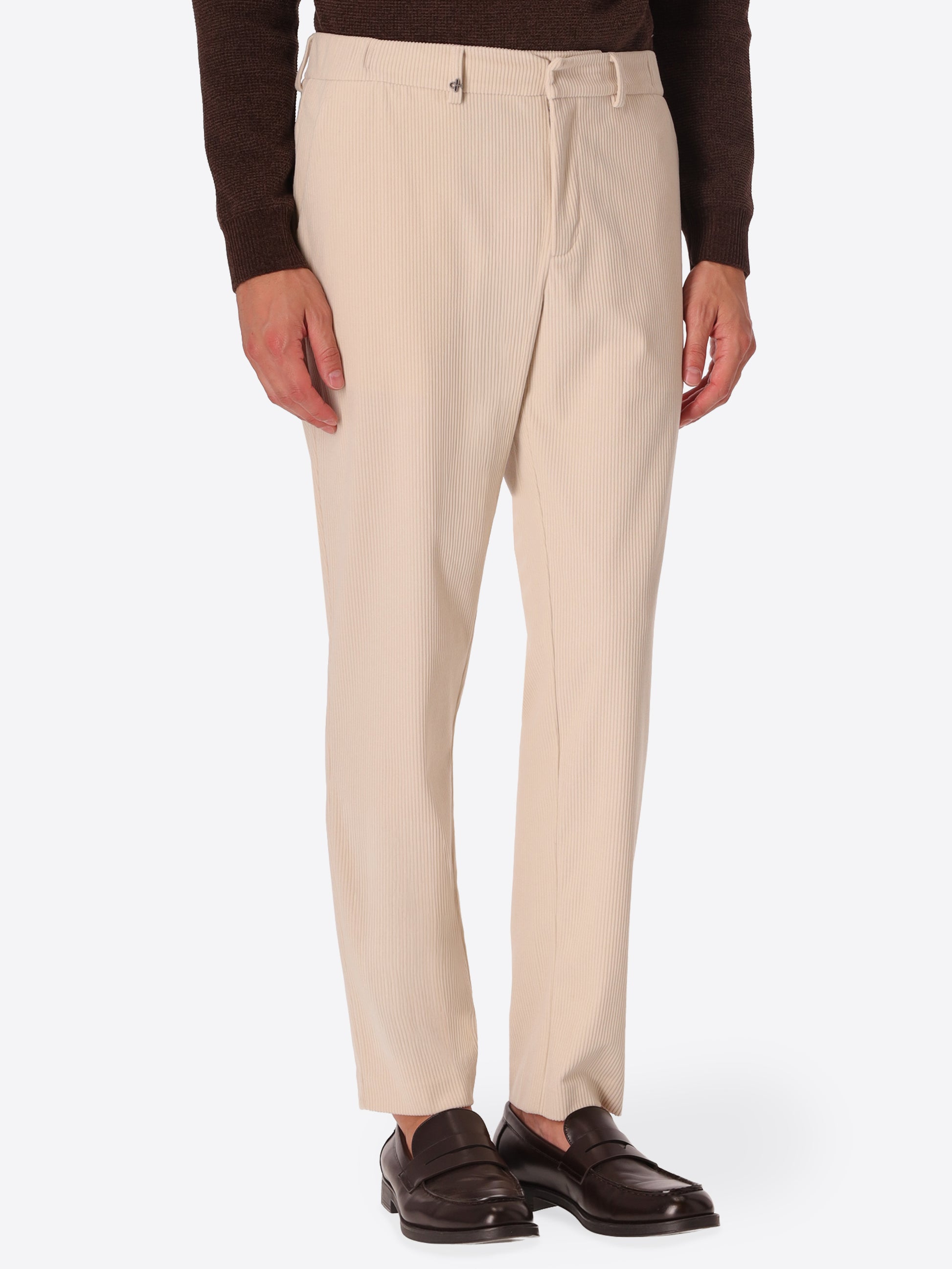 York Leonardo Off White 1000-Stripe Super-Comfort Velvet Trousers - Model Front View