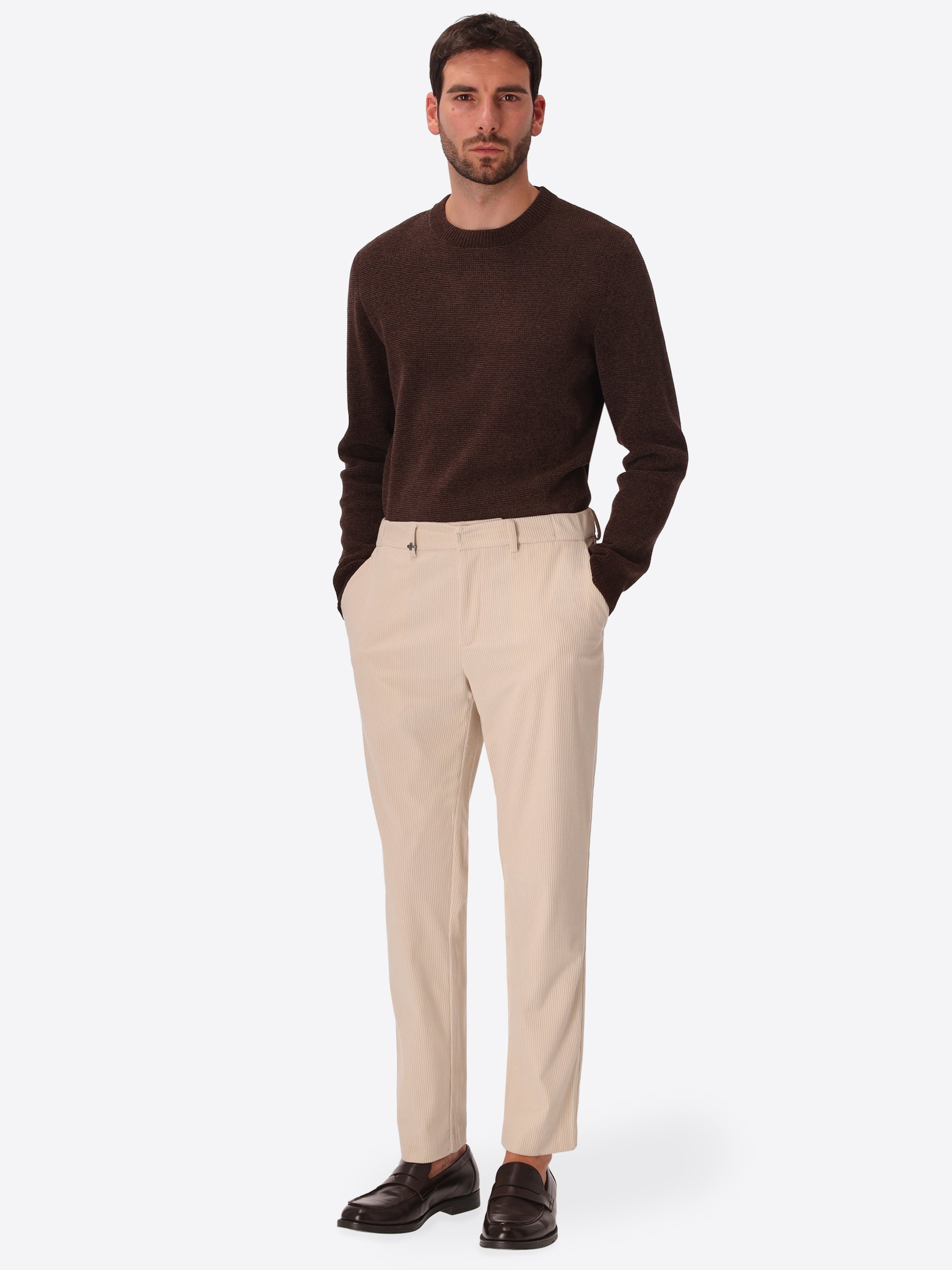 York Leonardo Off White 1000-Stripe Super-Comfort Velvet Trousers - Model Full Body Shot