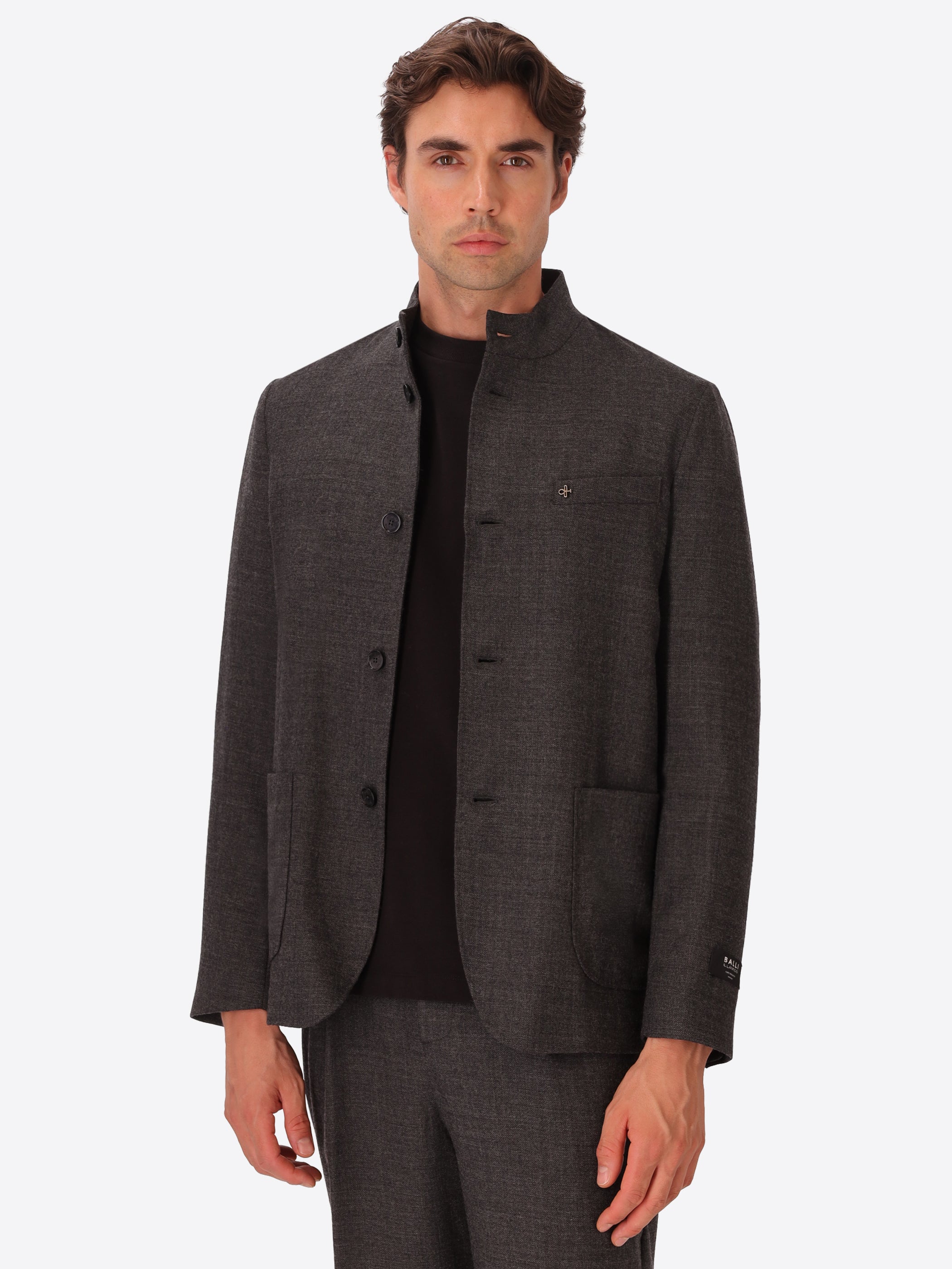 Tiziano Charcoal 100% Virgin Wool Korean-Collar Jacket - Model Front View