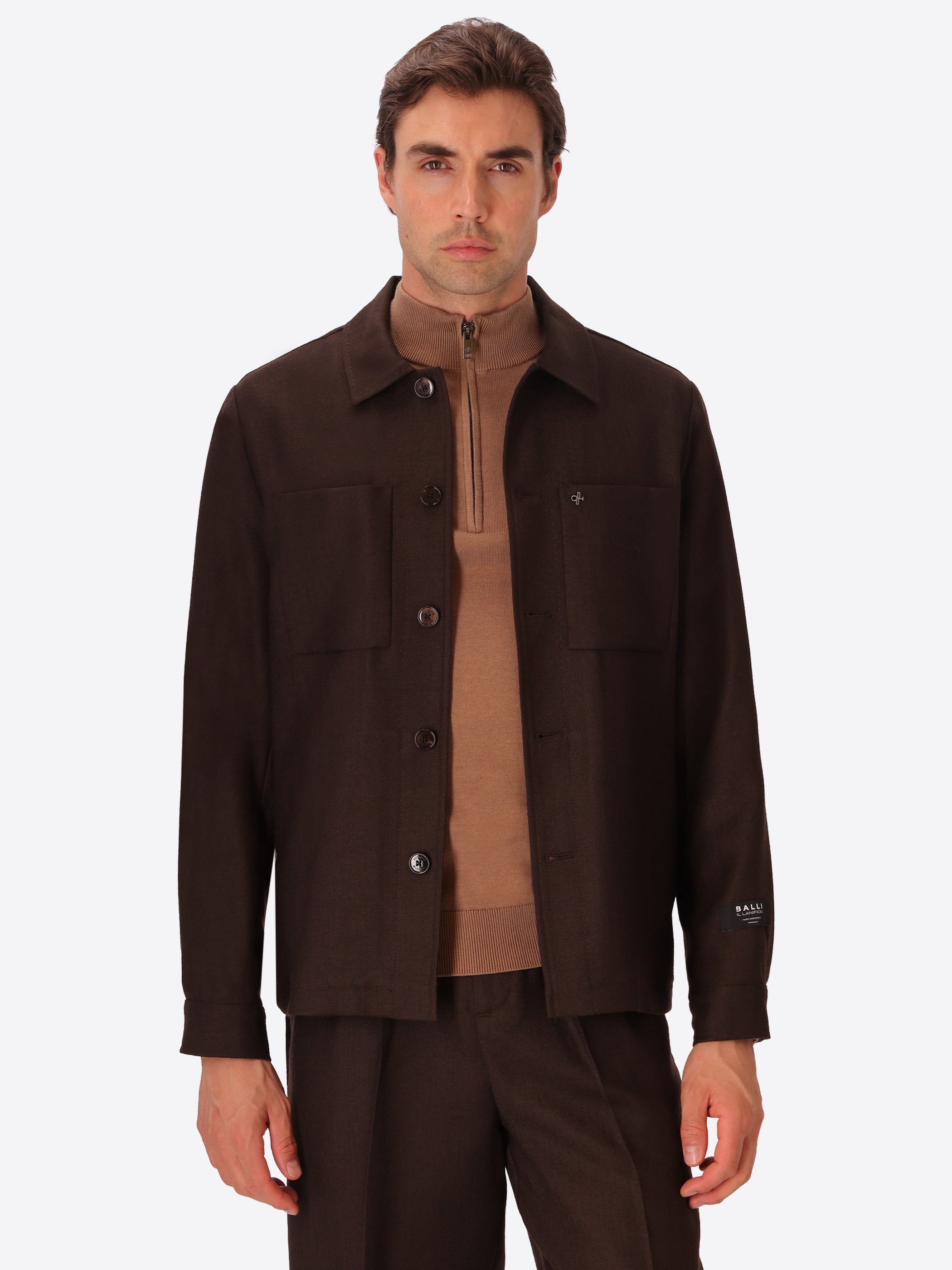 Tiziano Brown 100% Virgin Wool Shirt Jacket - Model Front View