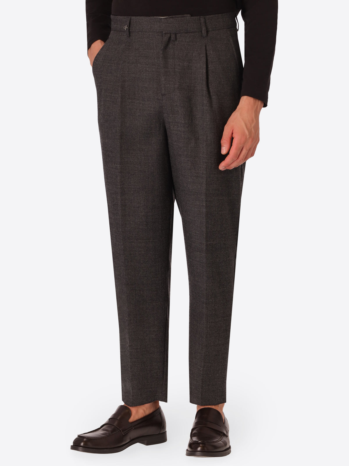 Ban Tiziano Charcoal 100% Virgin Wool Trousers - Model Front View