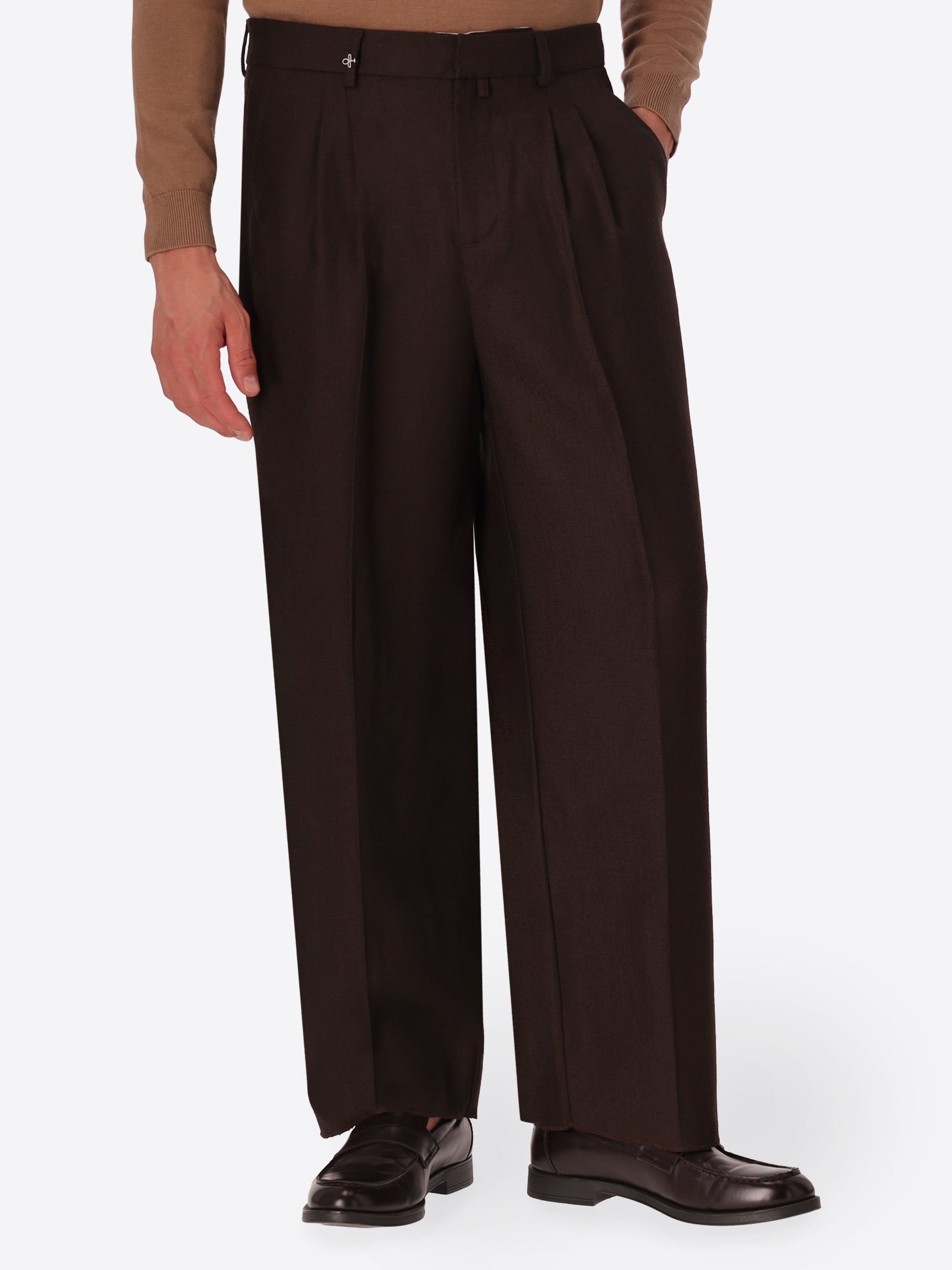 Lond Tiziano Brown 100% Virgin Wool Trousers - Model Front View