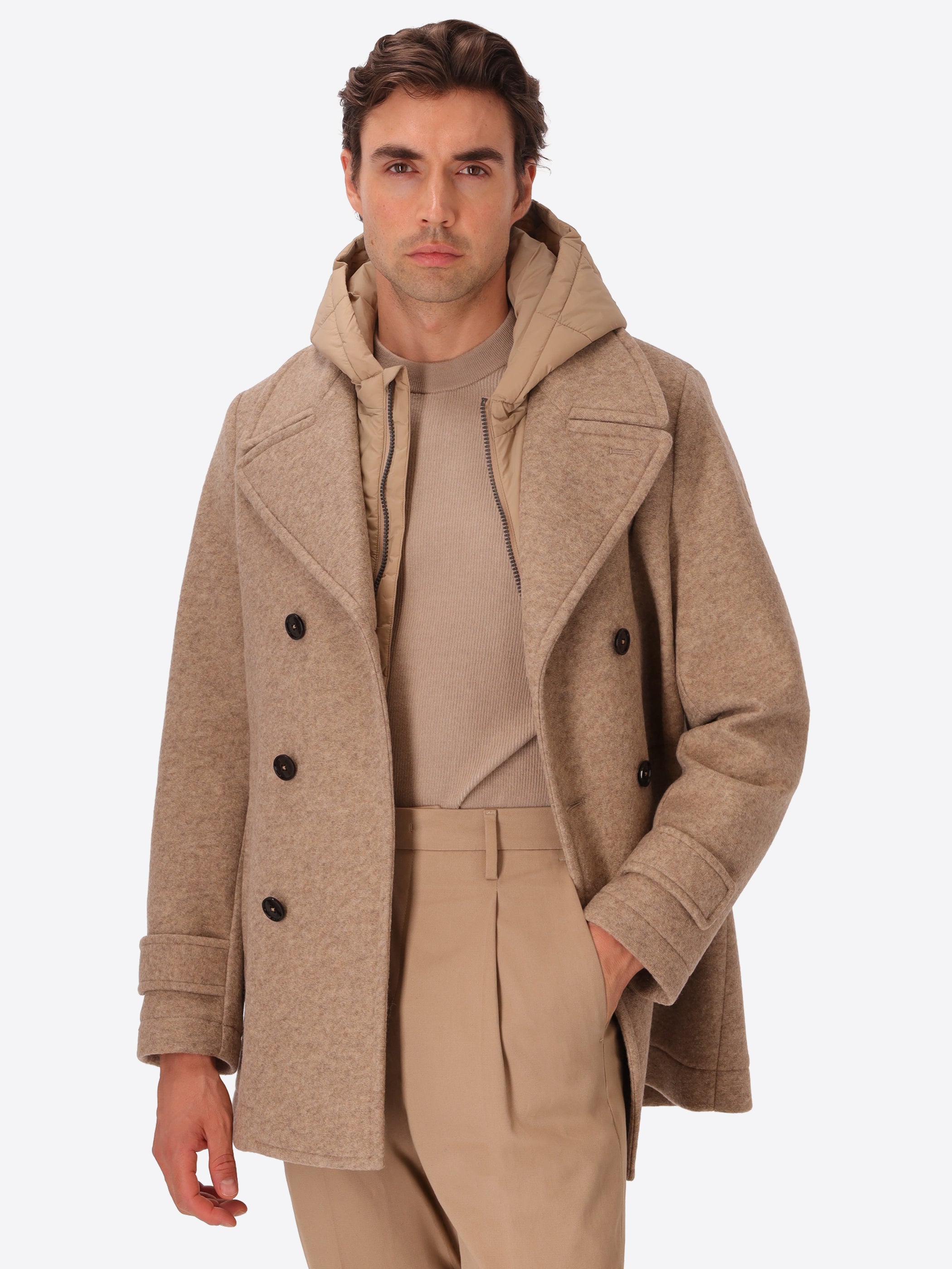 Boiled-Wool Peacoat Carlos with Detachable Bib