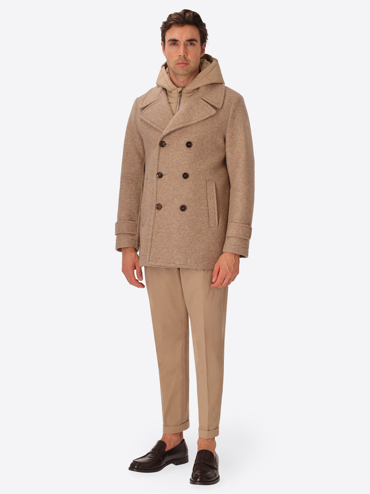 Boiled-Wool Peacoat Carlos with Detachable Bib
