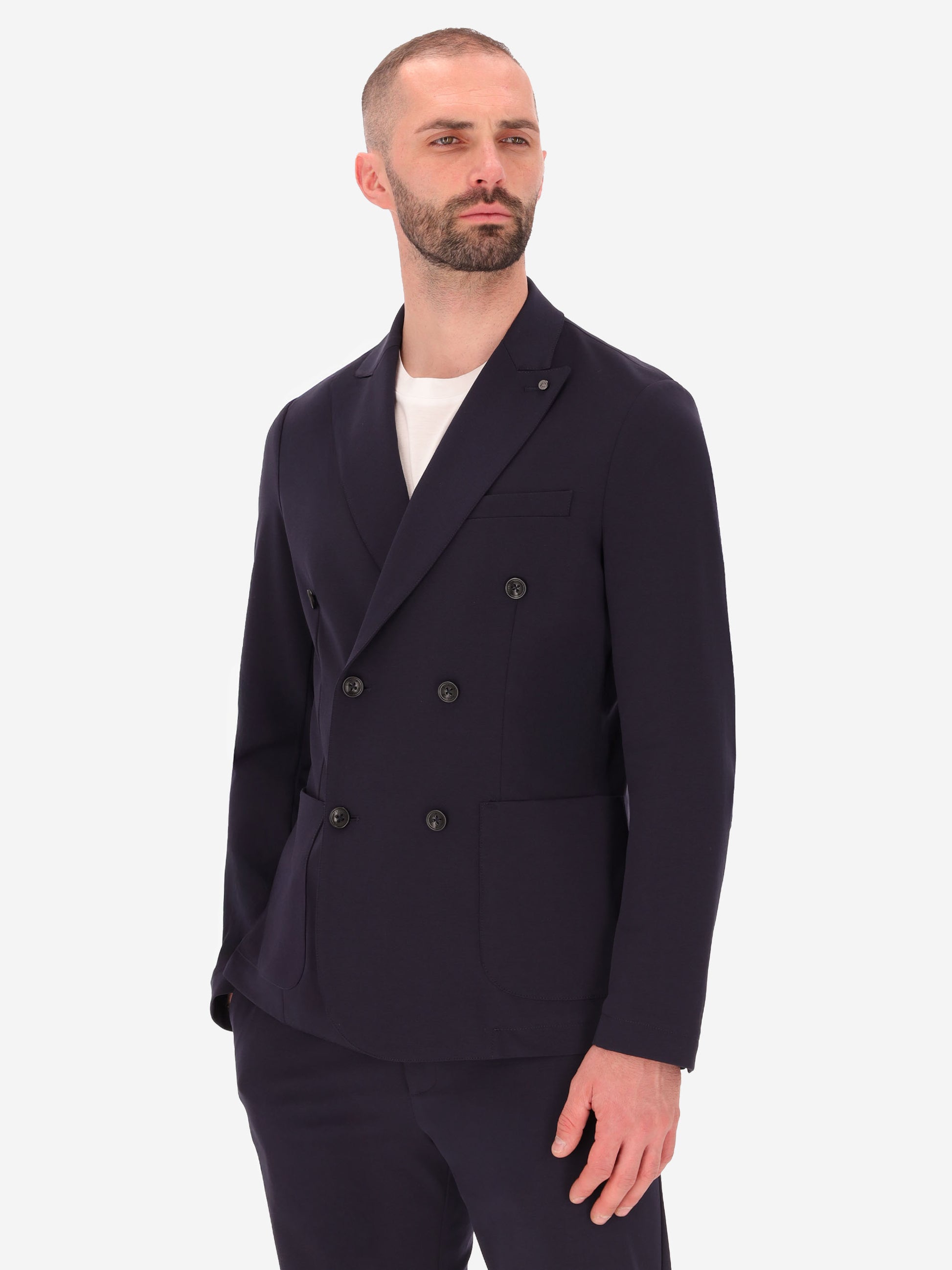 Technical Double-Breasted Jacket in Punto Milano Fabric