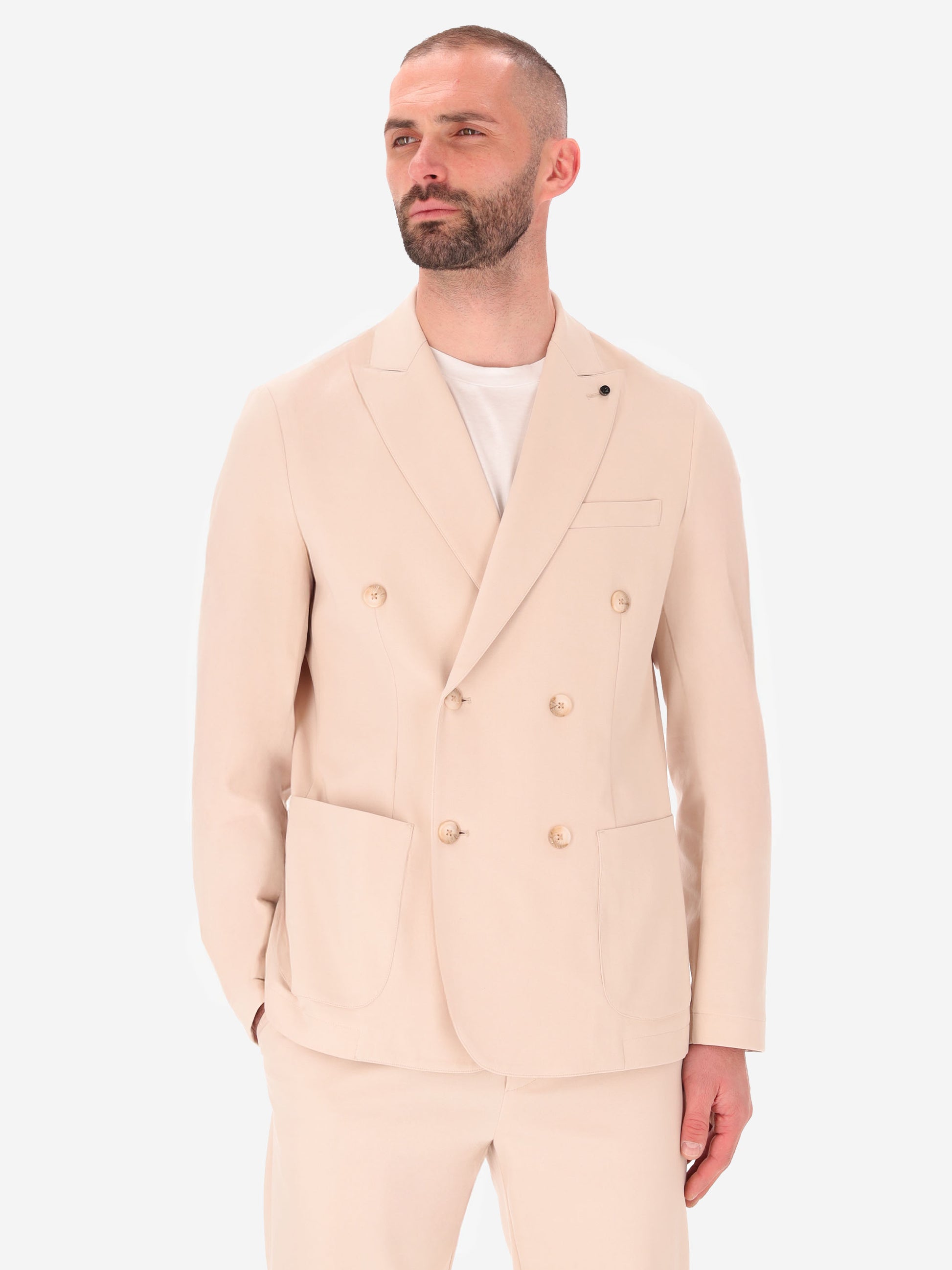 Technical Double-Breasted Jacket in Punto Milano Fabric