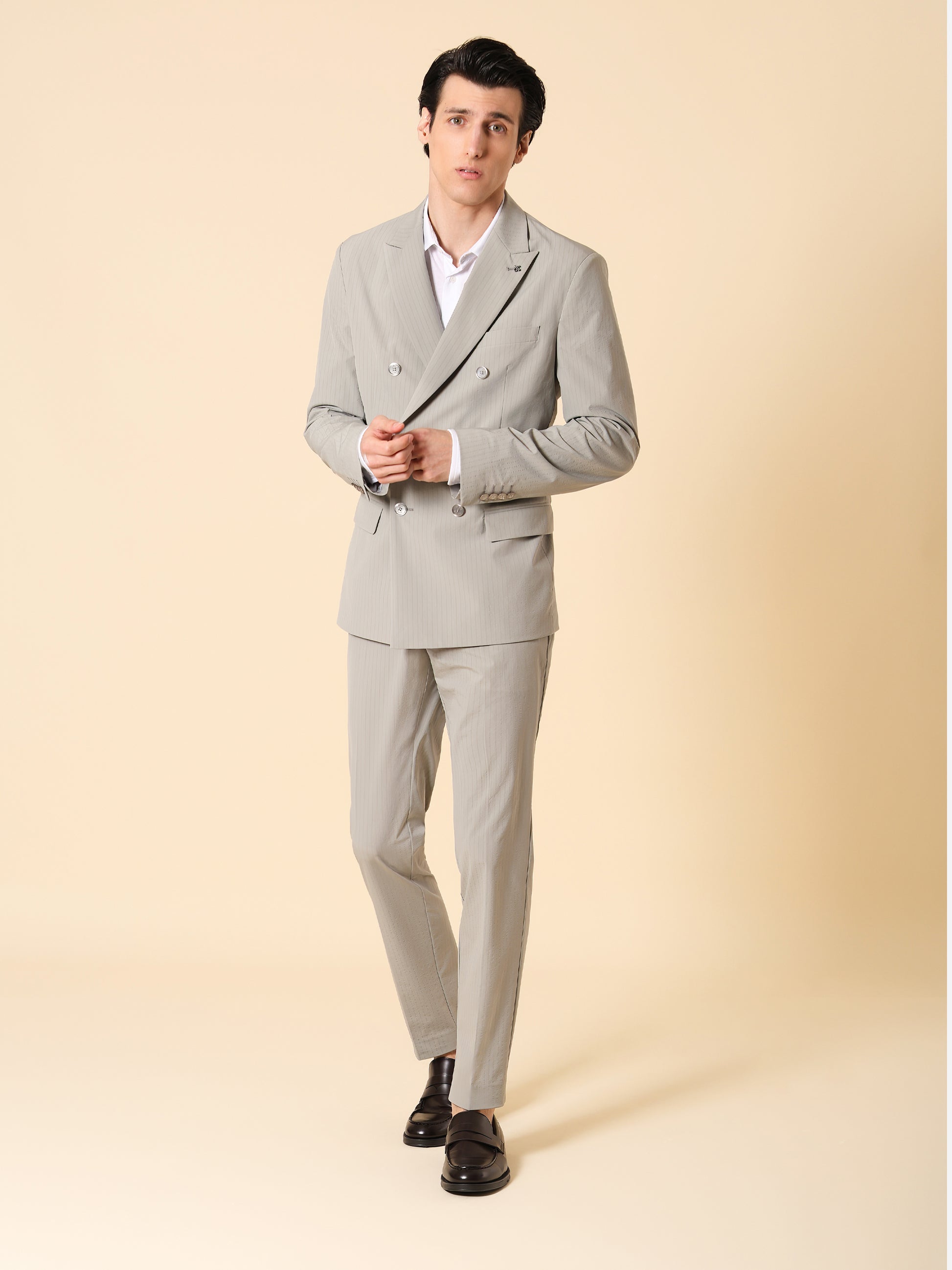 Light Grey Striped Double-Breasted Tailoring Suit Carrubo in Super-Comfort Fabric