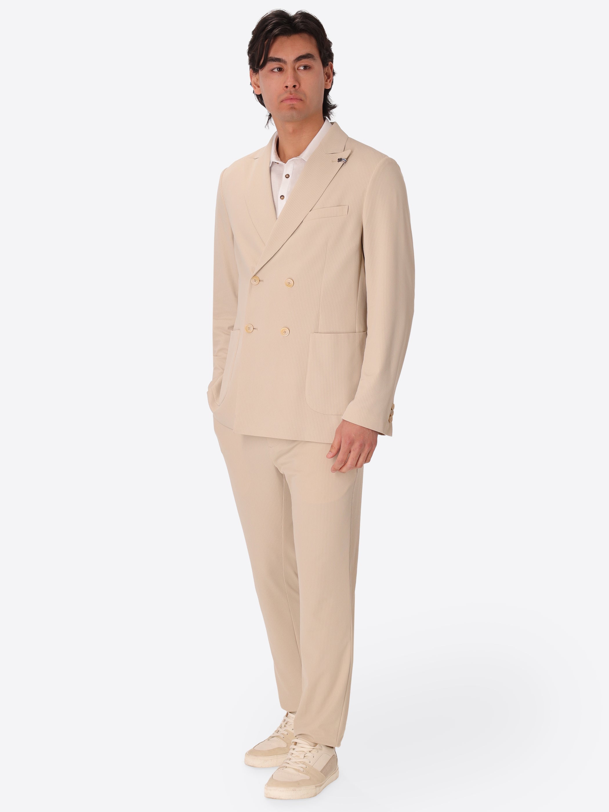 High-Perform12 Leccio Suit Travertine In Raised-Stripe Technical Stretch Fabric