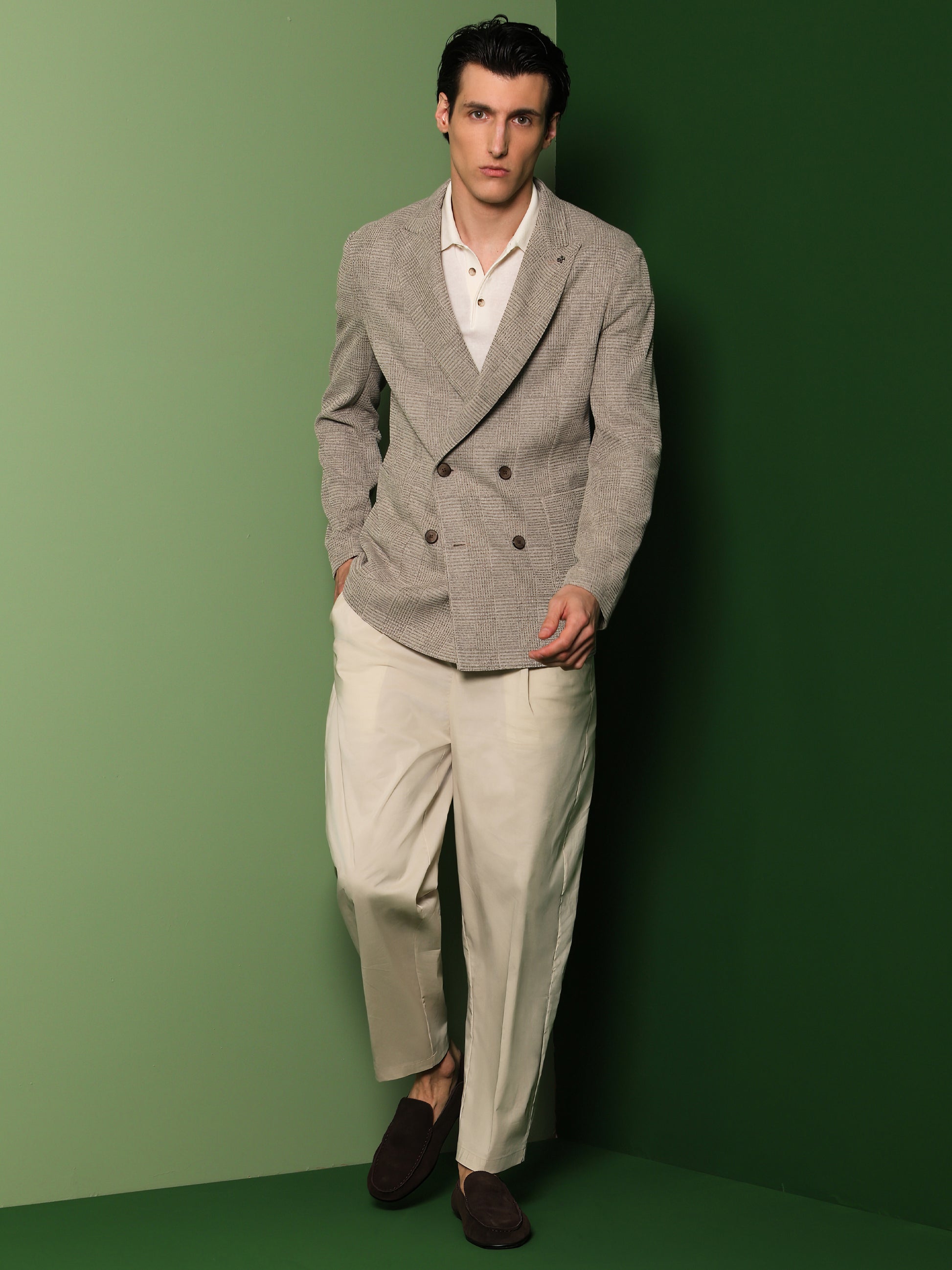 Double-Breasted Jacket Narciso In Stretch Knit Prince Of Wales Jacquard Fabric