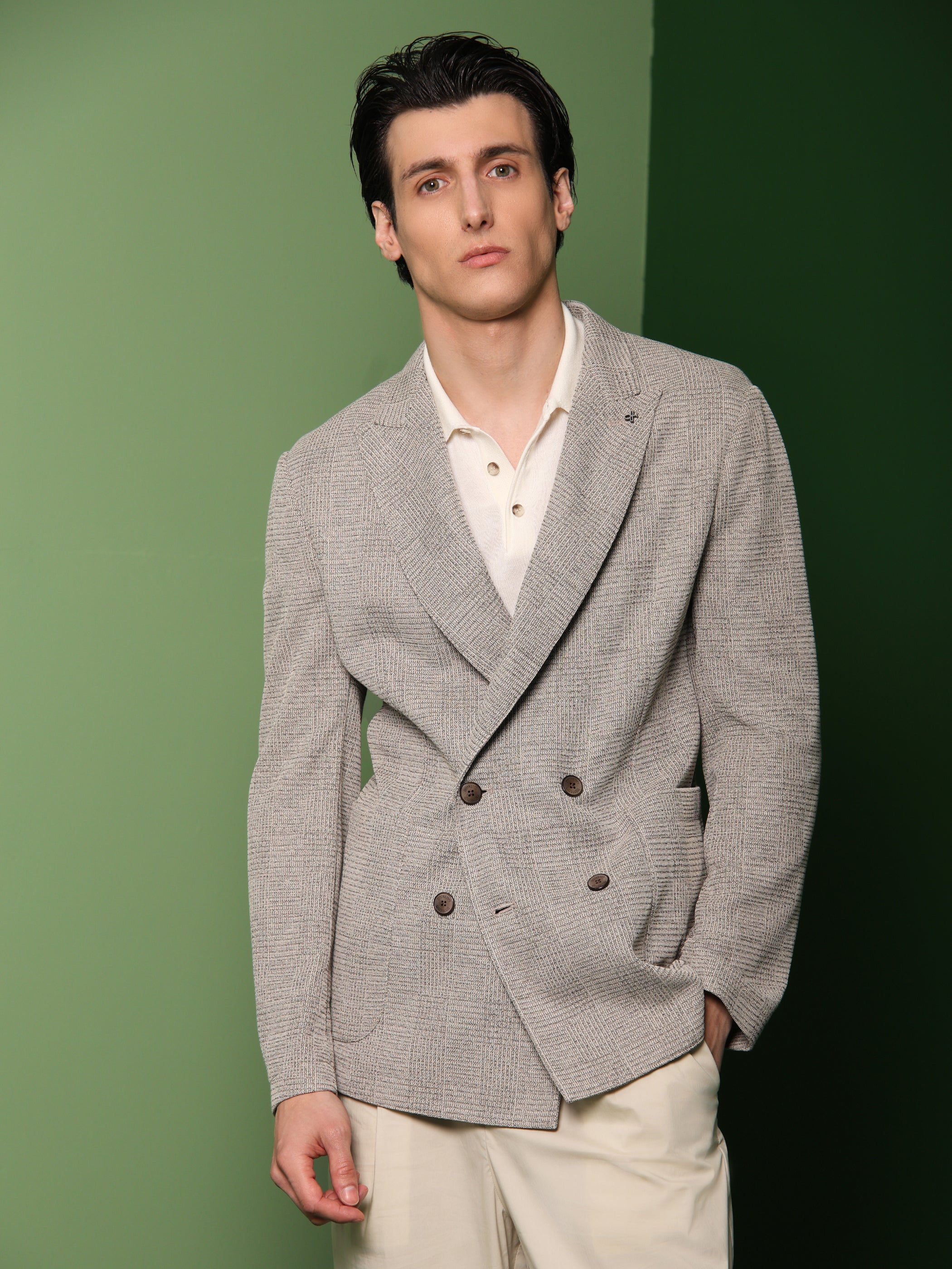 Double-Breasted Jacket Narciso In Stretch Knit Prince Of Wales Jacquard Fabric