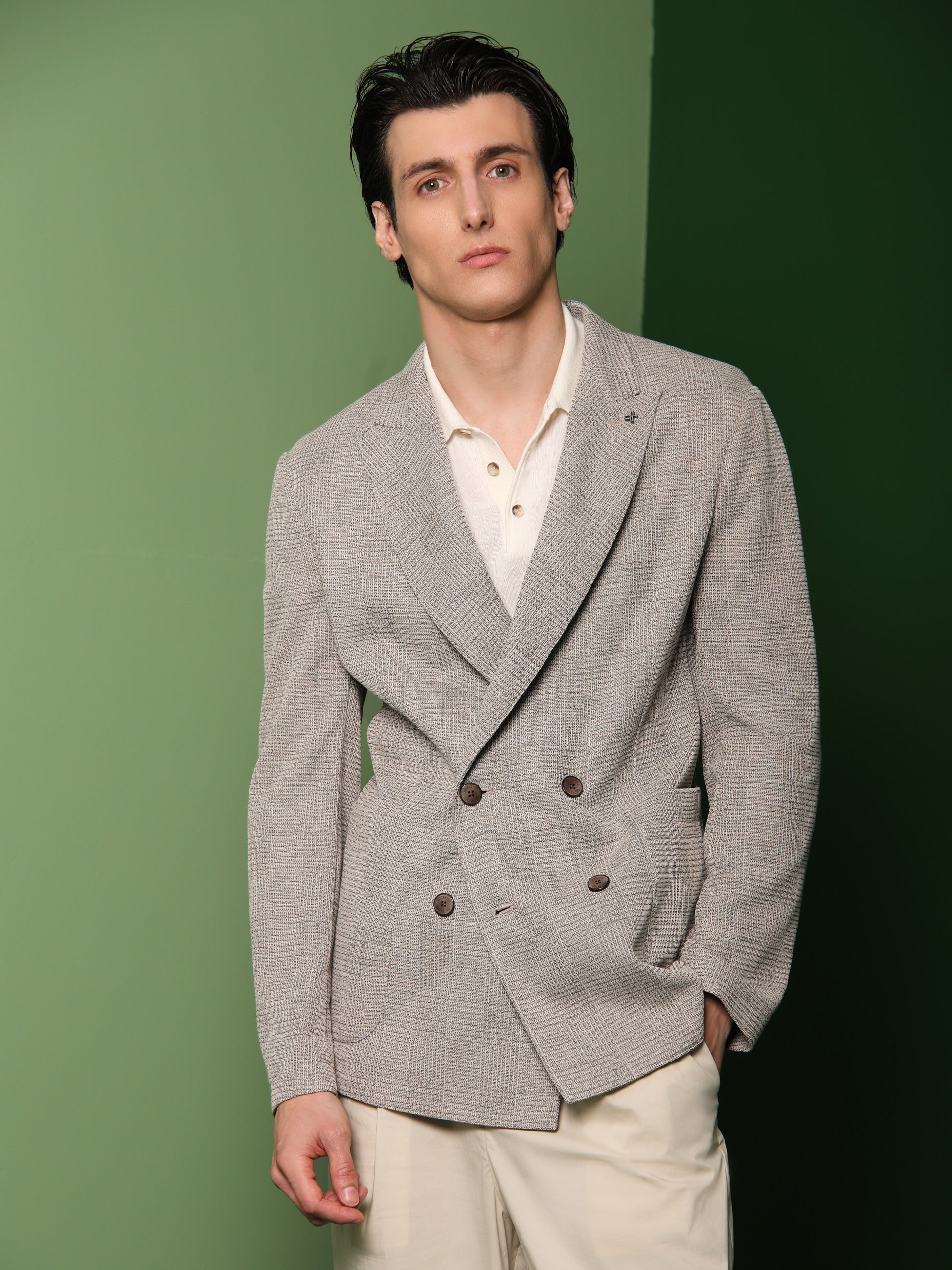 Double-Breasted Jacket Narciso In Stretch Knit Prince Of Wales Jacquard Fabric