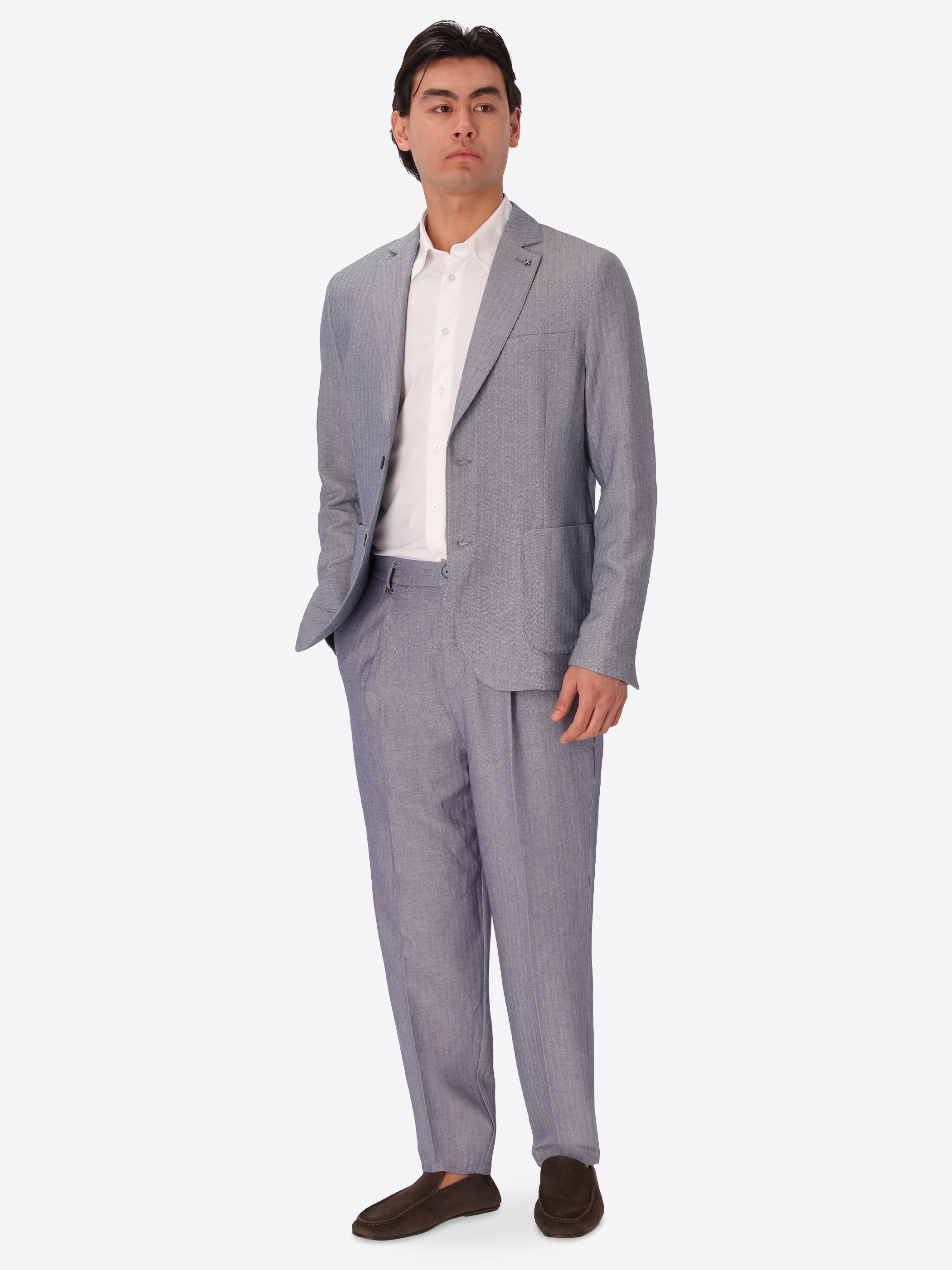 Blue Trifoglio Suit In Lightweight Herringbone Pattern Fabric