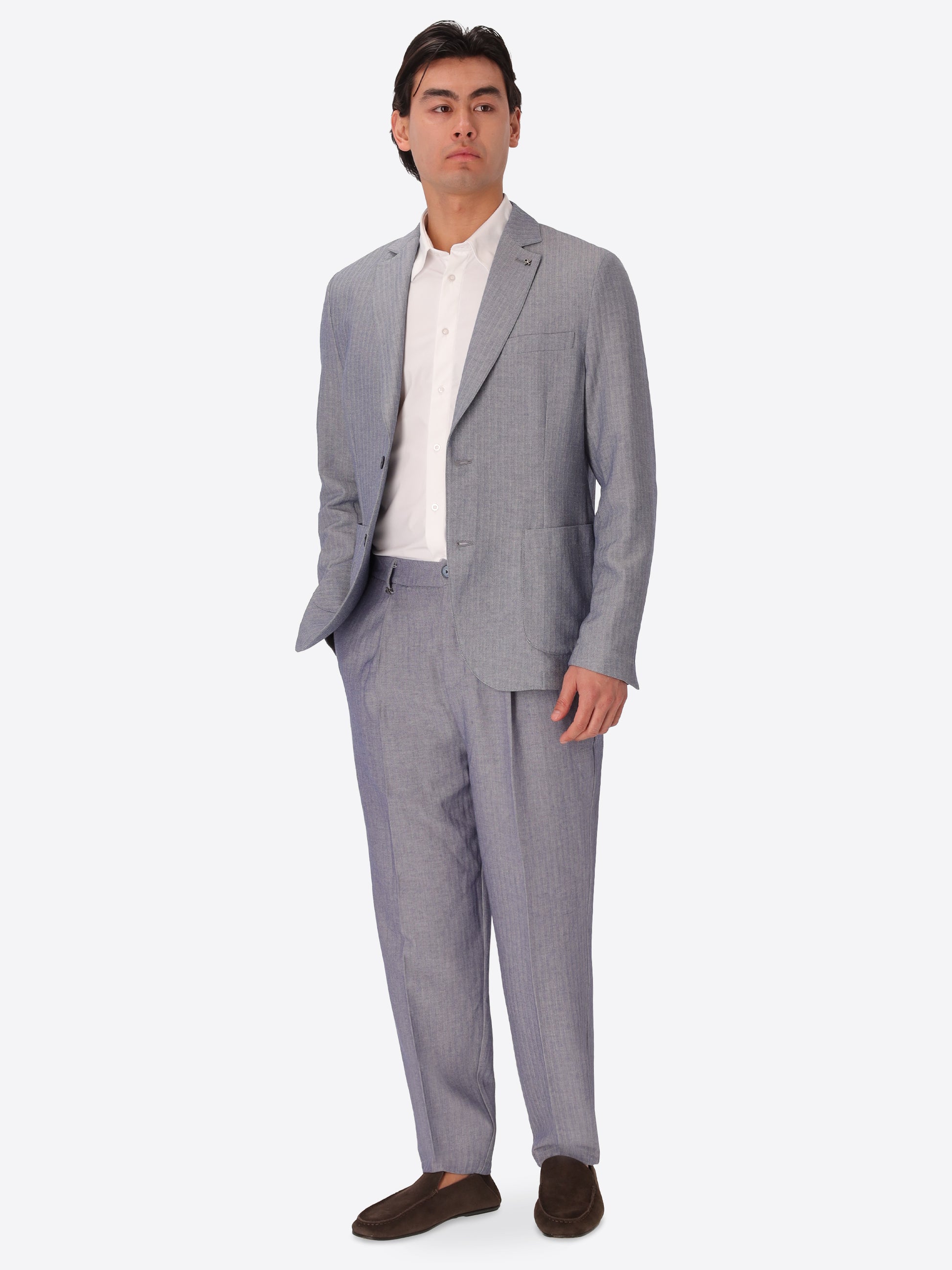 Blue Trifoglio Suit In Lightweight Herringbone Pattern Fabric