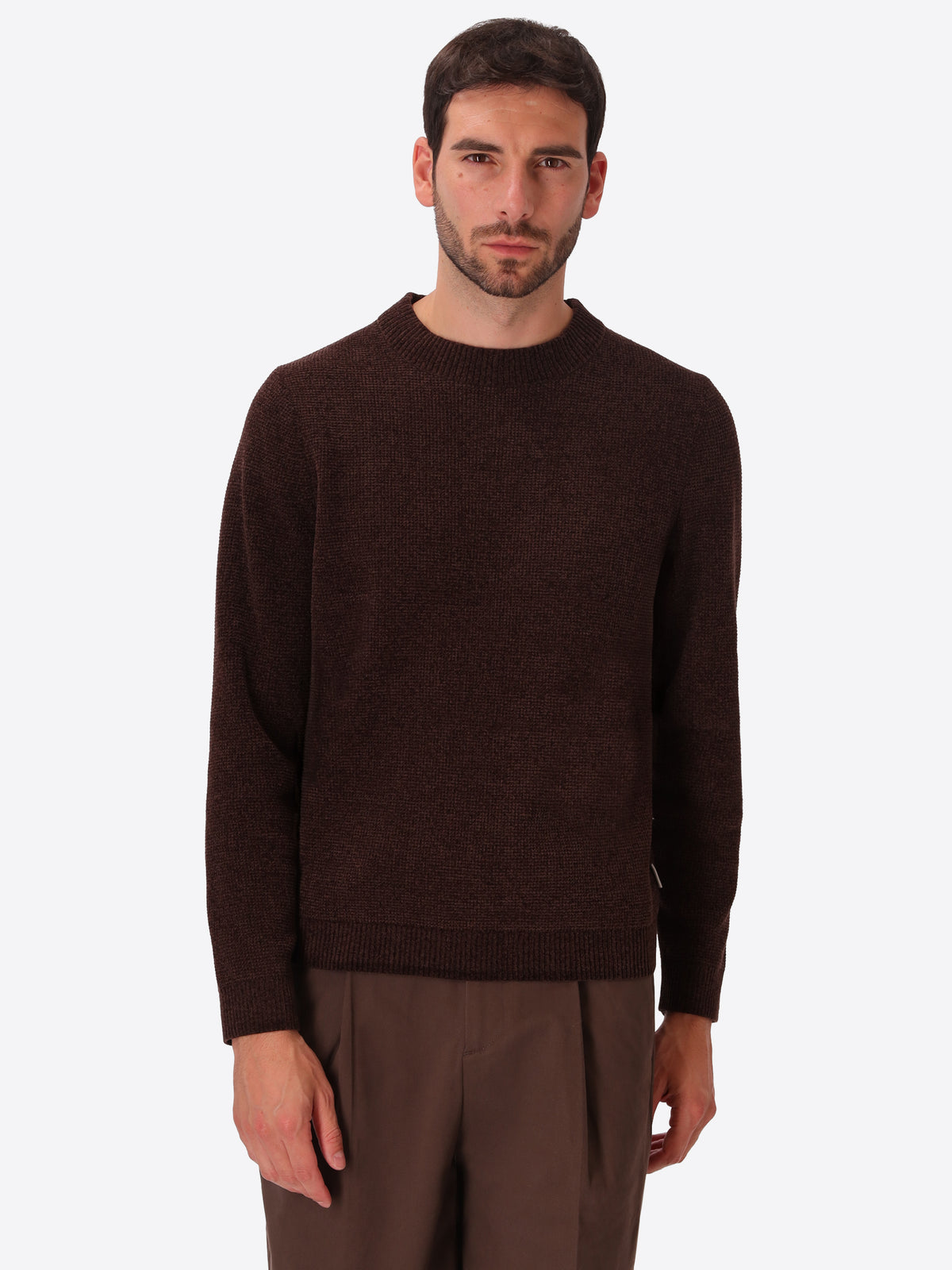 Brown Chenille-Knit Micro-Check Technical Sweater Brid - Model Front View
